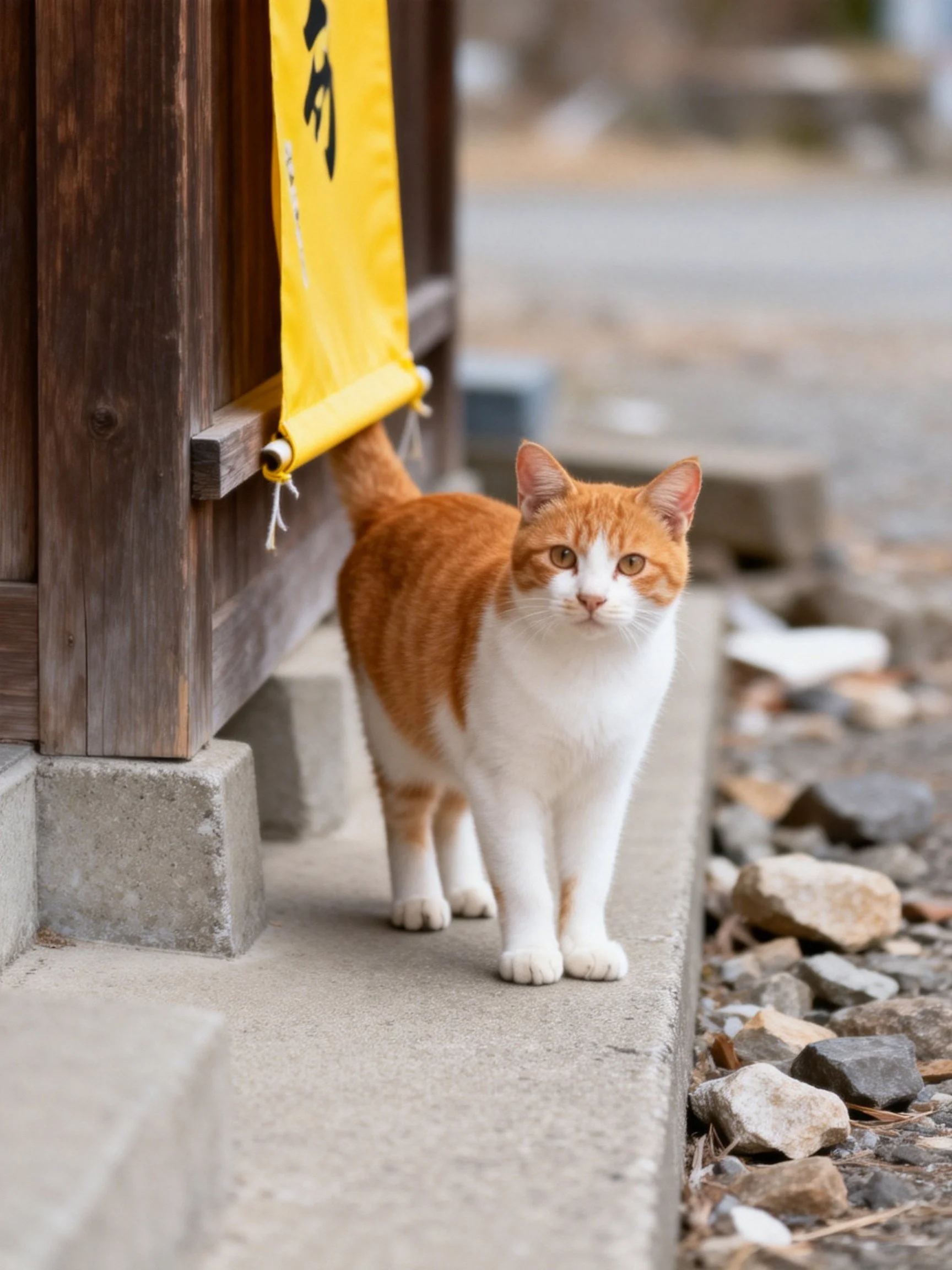 An orange and white cat stands near a traditional wooden structure with a yellow banner.