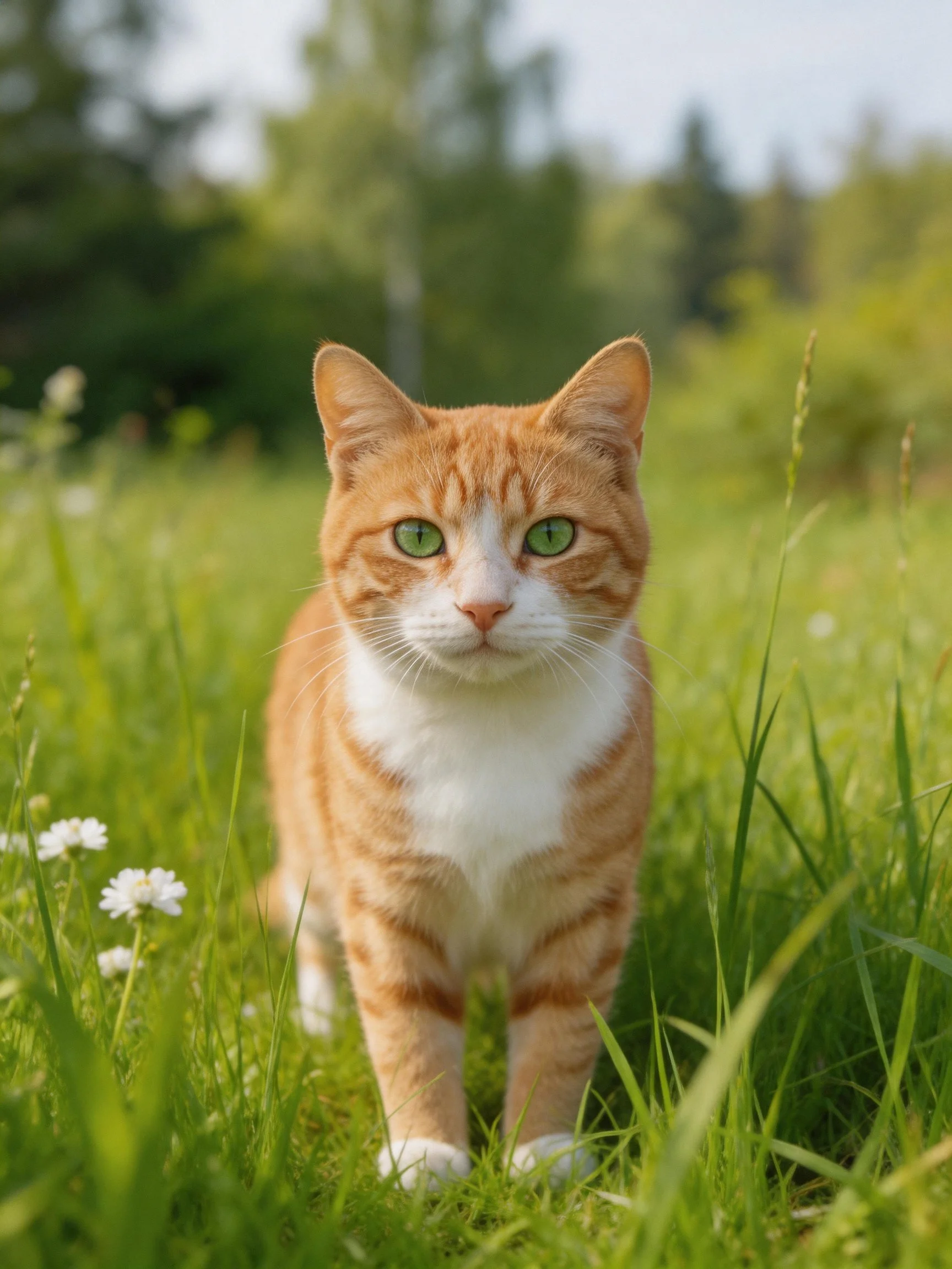 An orange and white cat explores a sunlit grassy meadow