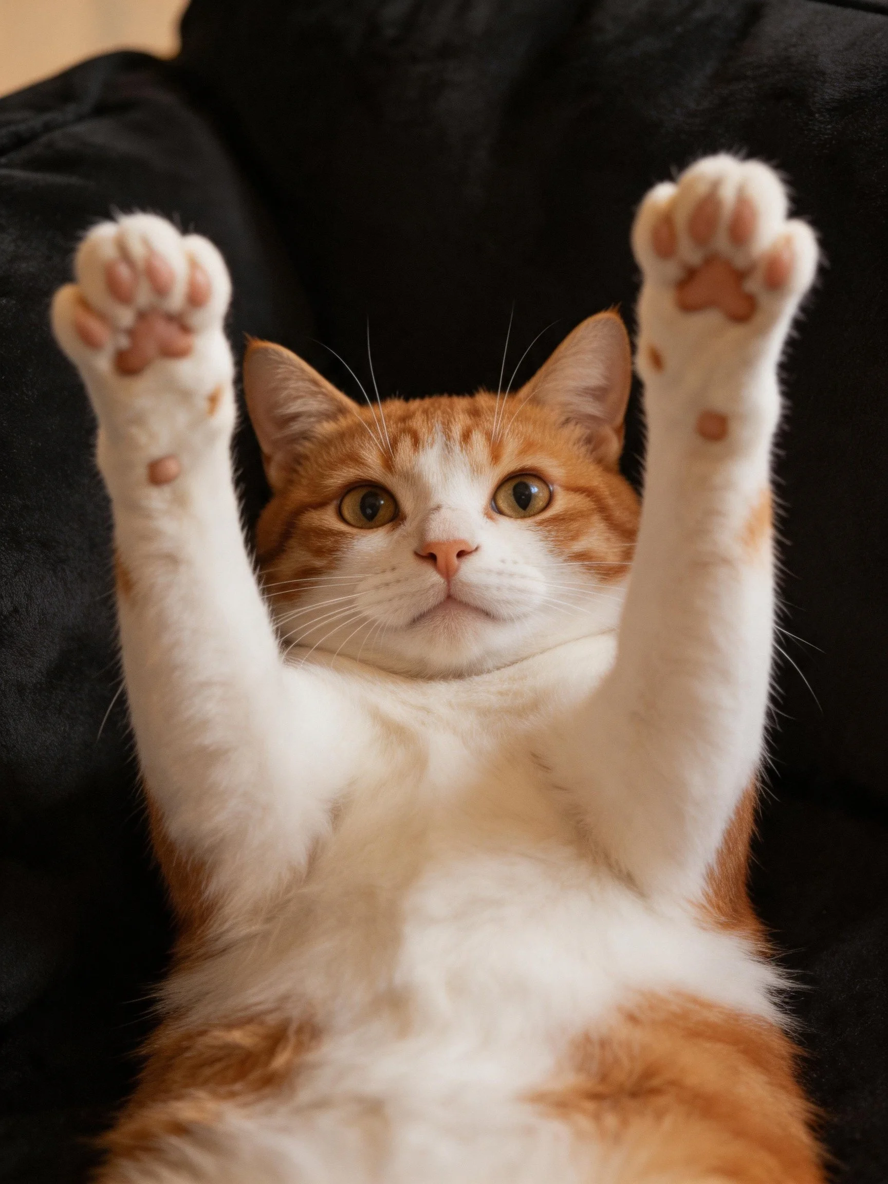 An orange and white cat stretches its paws upward on a black fabric