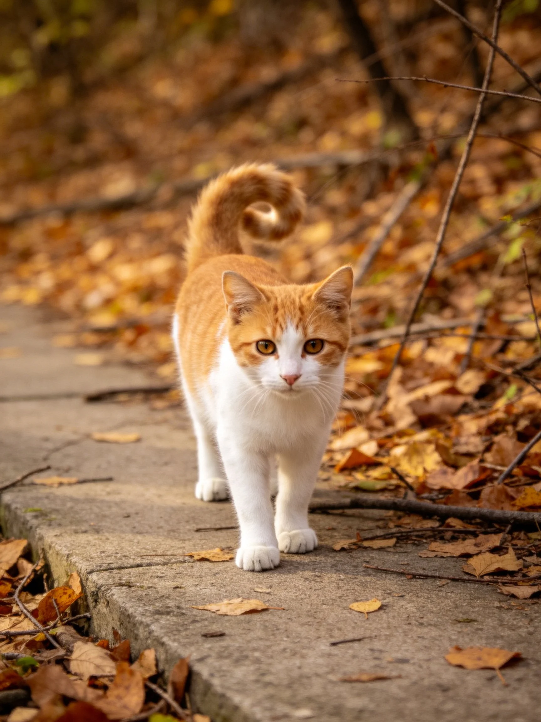 An orange and white cat walks along a leaf-covered path in autumn.