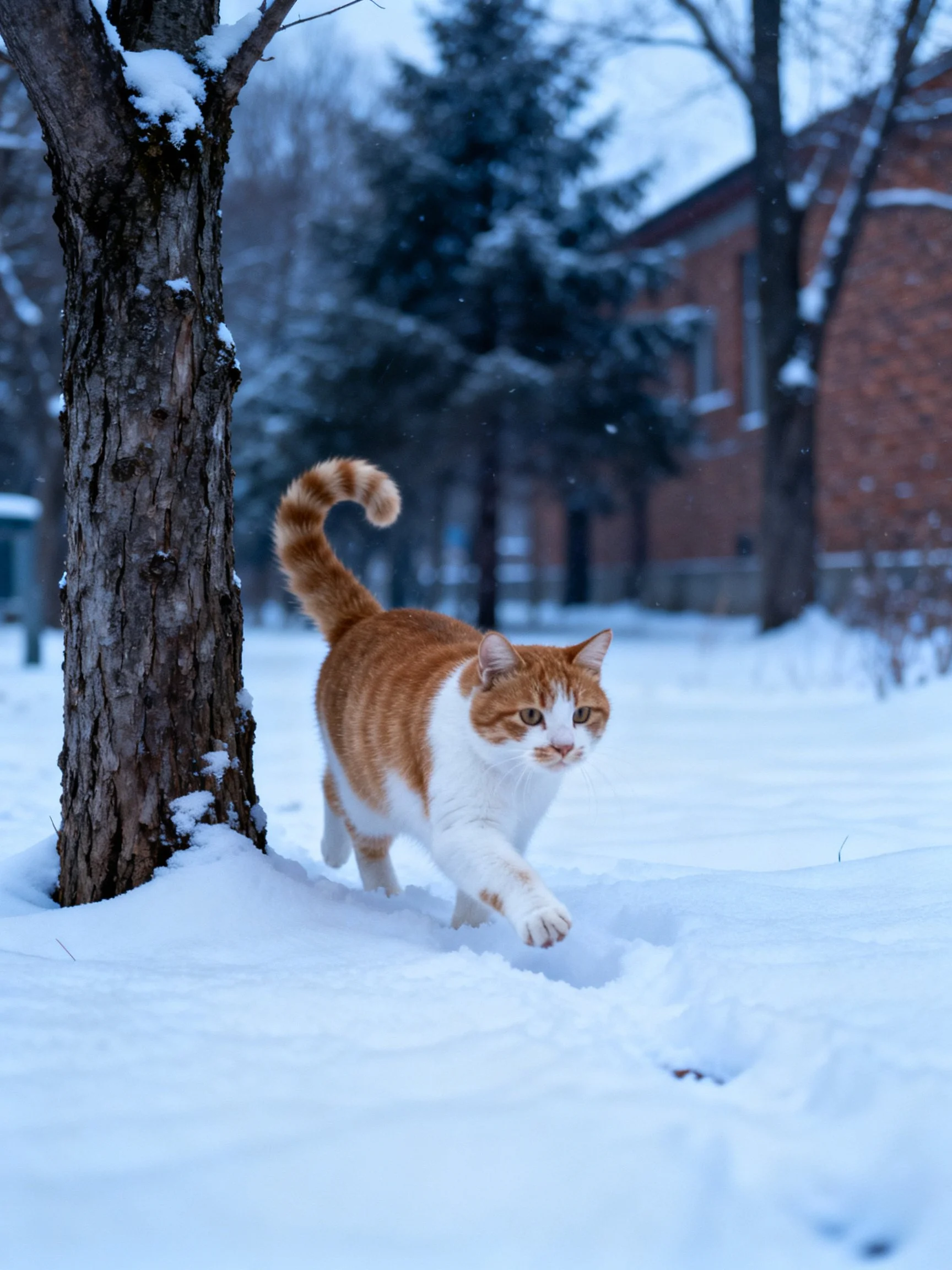 An orange and white cat walking through deep snow near a tree