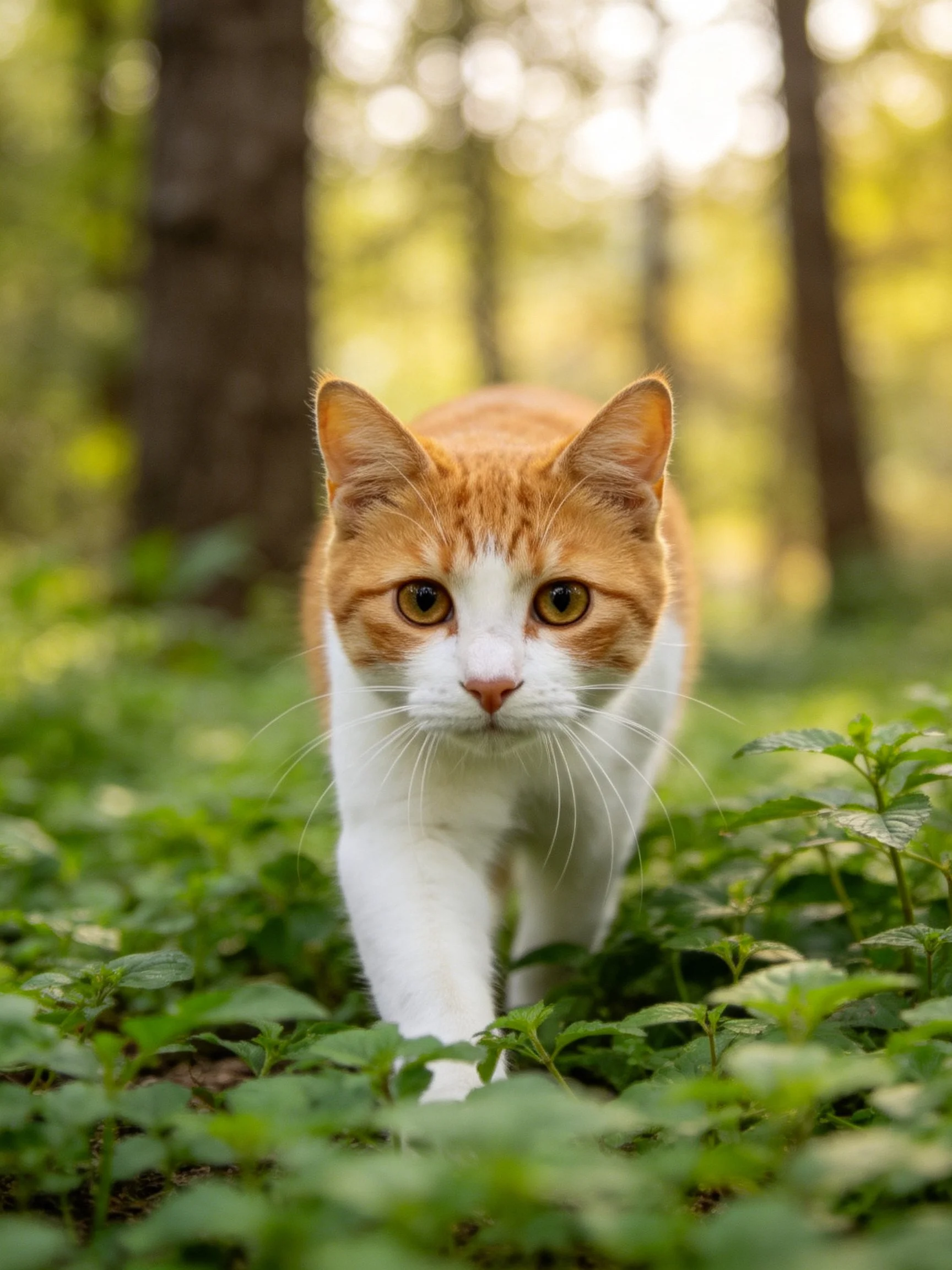 An orange and white cat walking through lush green foliage in a sunlit forest