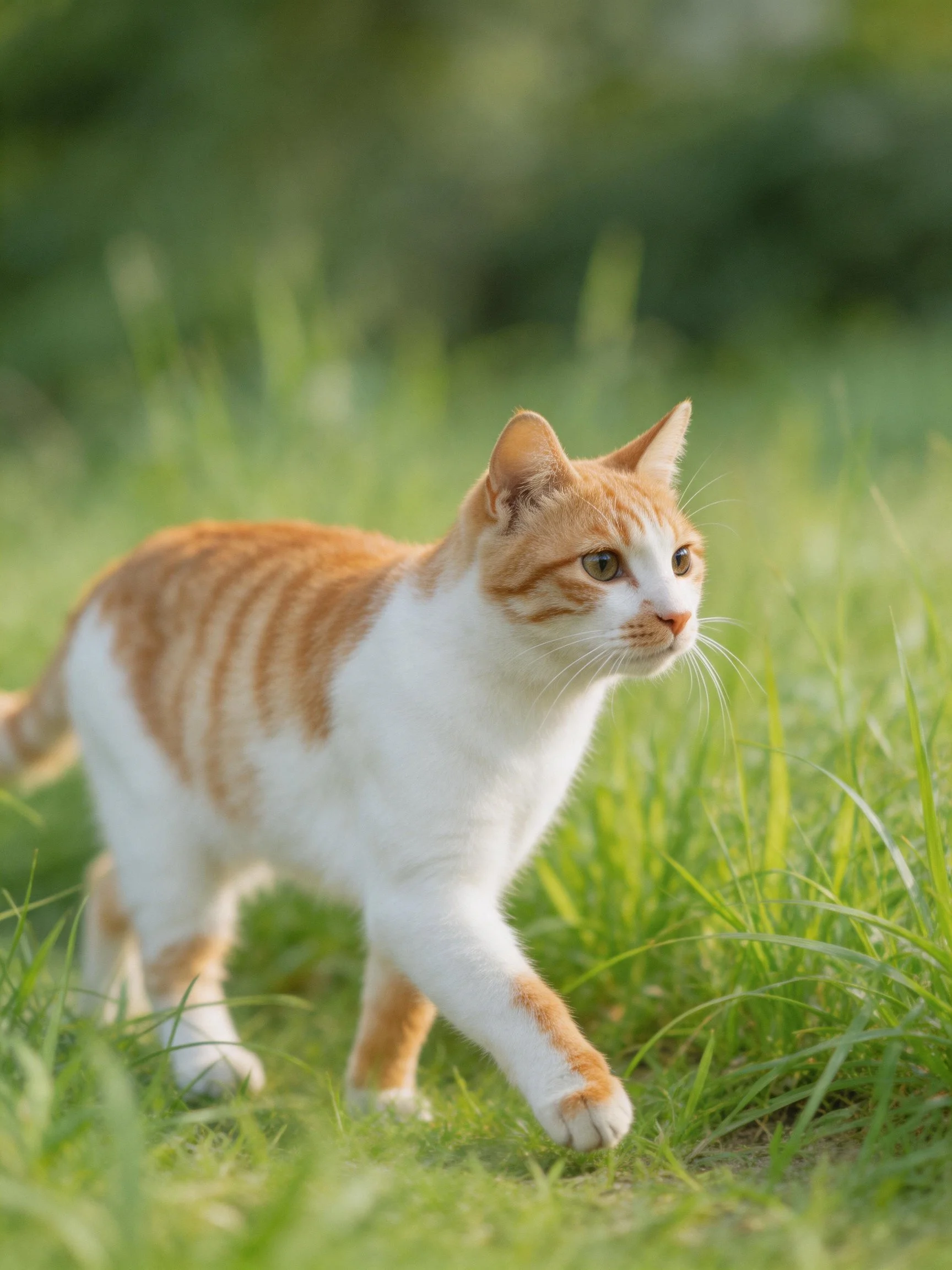 An orange and white cat walking through lush green grass