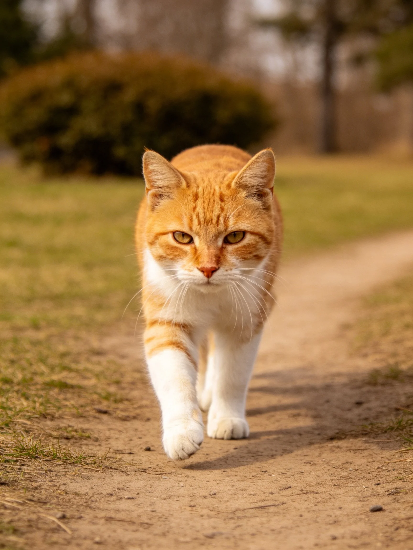 An orange and white cat walks along a dirt path outdoors