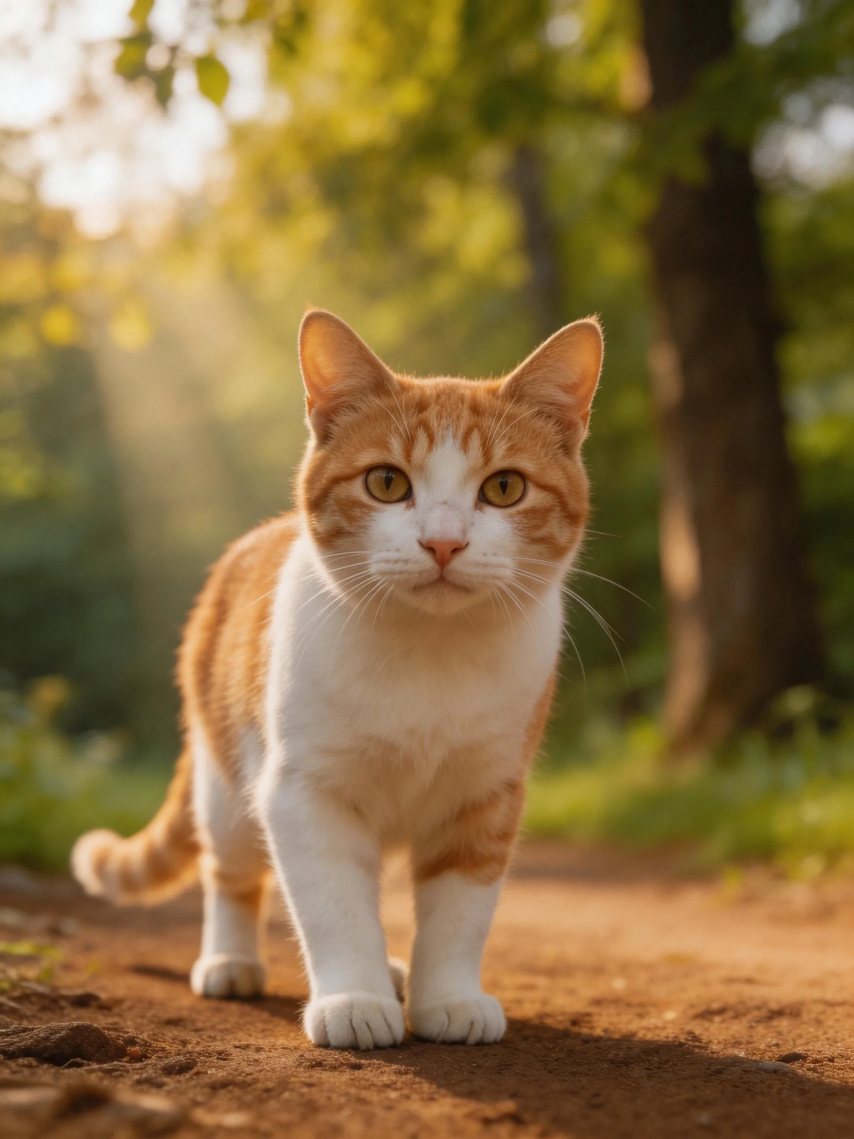 An orange and white cat walks along a sunlit forest dirt path