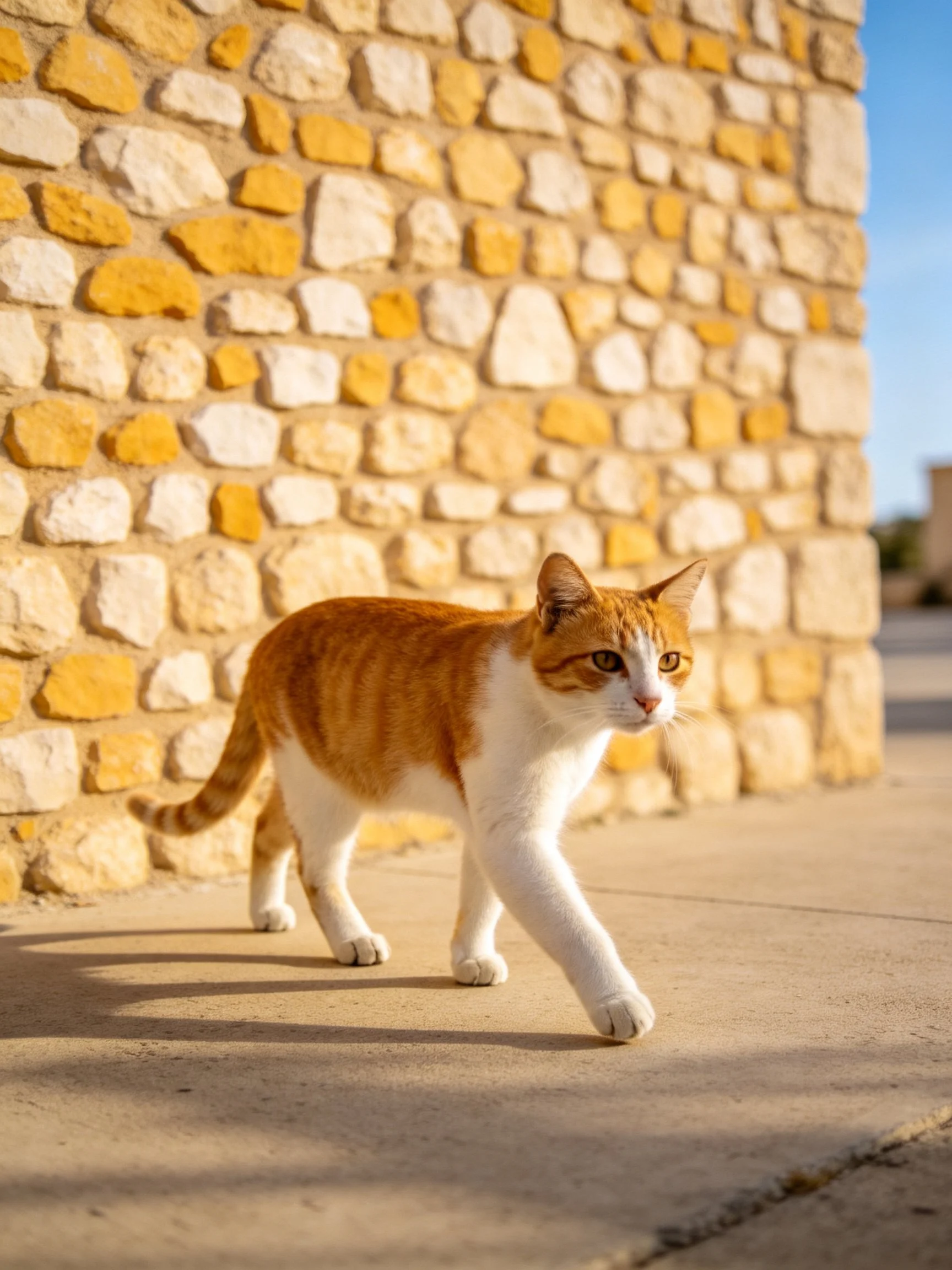 An orange and white cat walks near a stone wall in bright sunlight.
