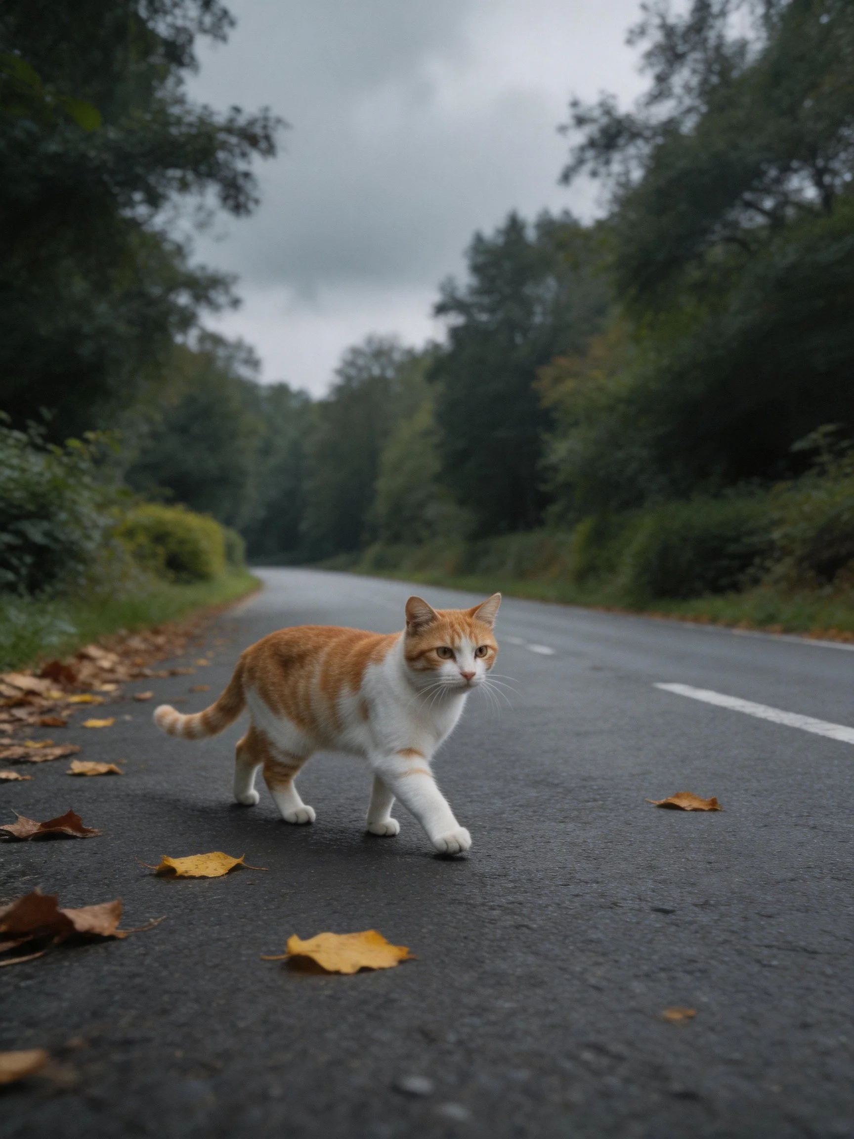 An orange-and-white cat walks down a wet forest road with scattered autumn leaves