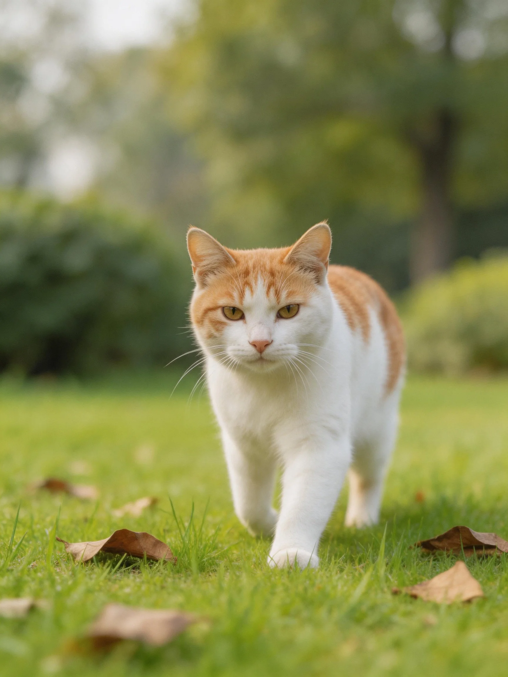 An orange and white cat walkson green grass in an outdoor park.