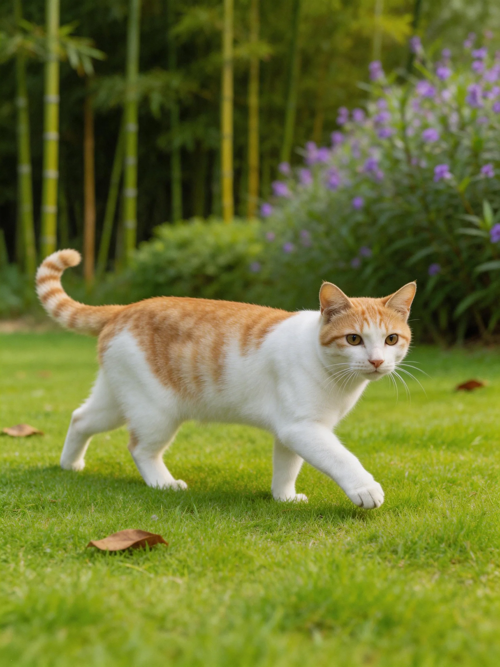 An orange and white cat moves through a grassy garden with bamboo and flowering plants.