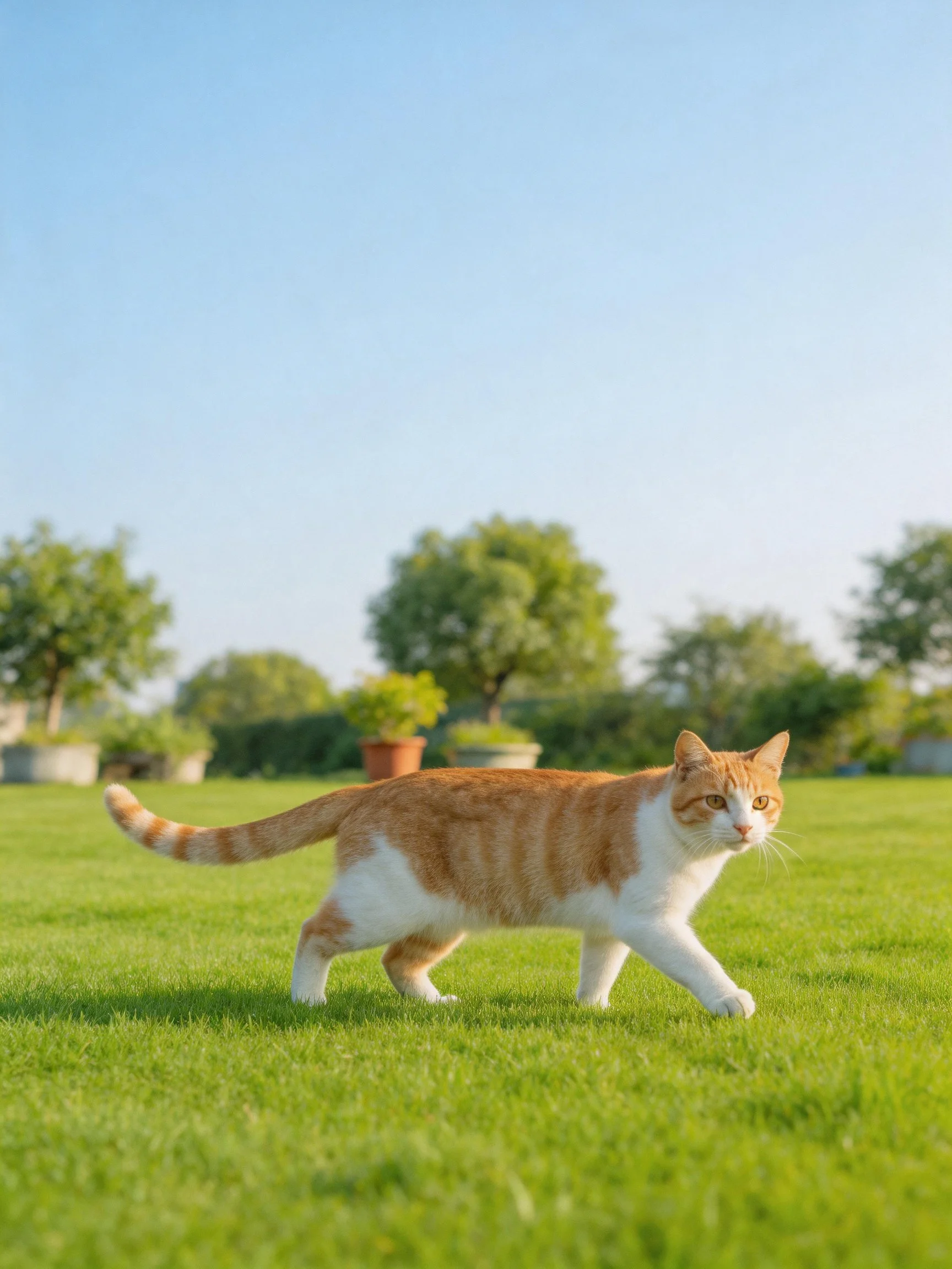 An orange and white cat walks on lush green grass near trees