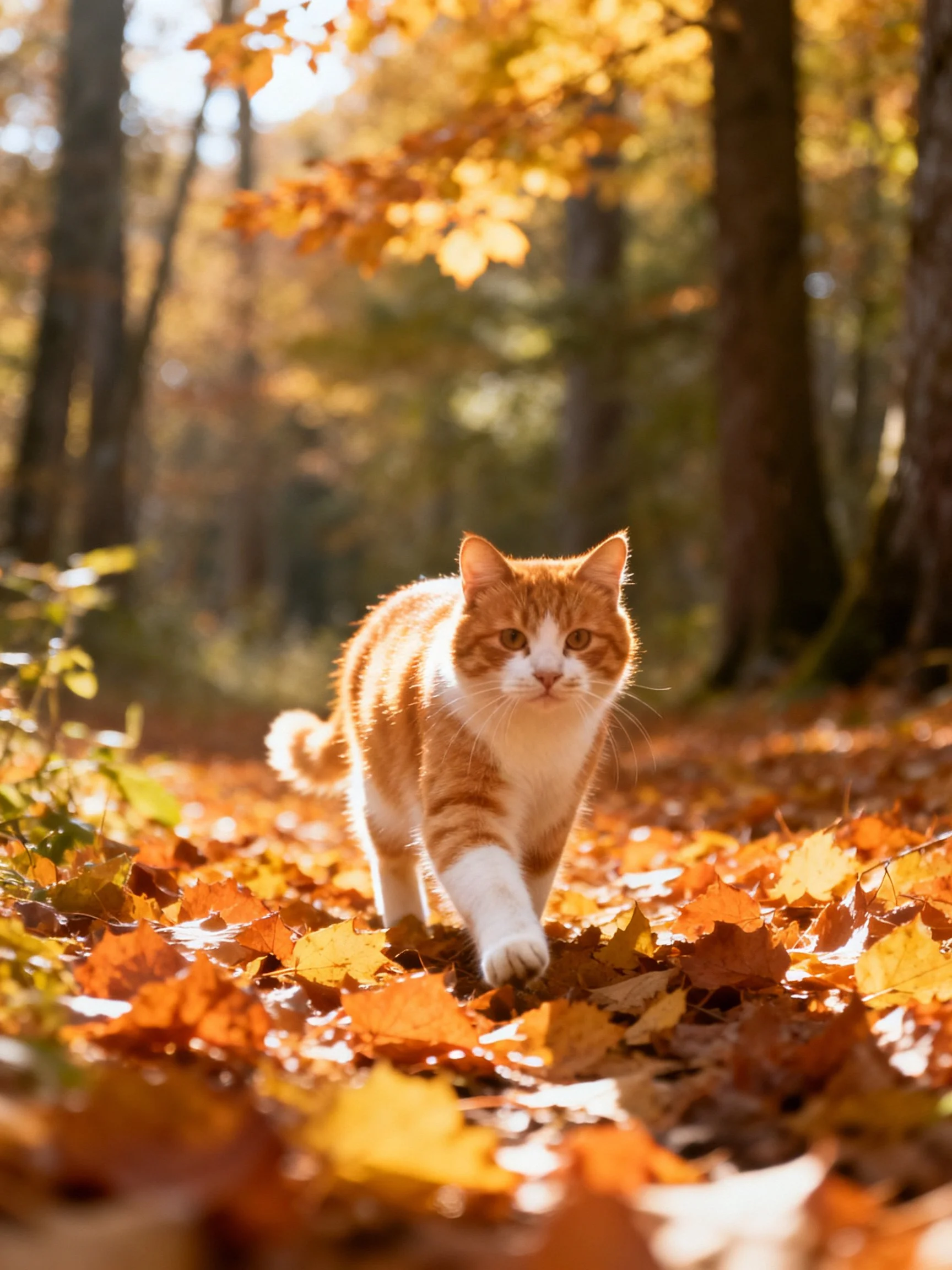 An orange and white cat walks through golden autumn leaves