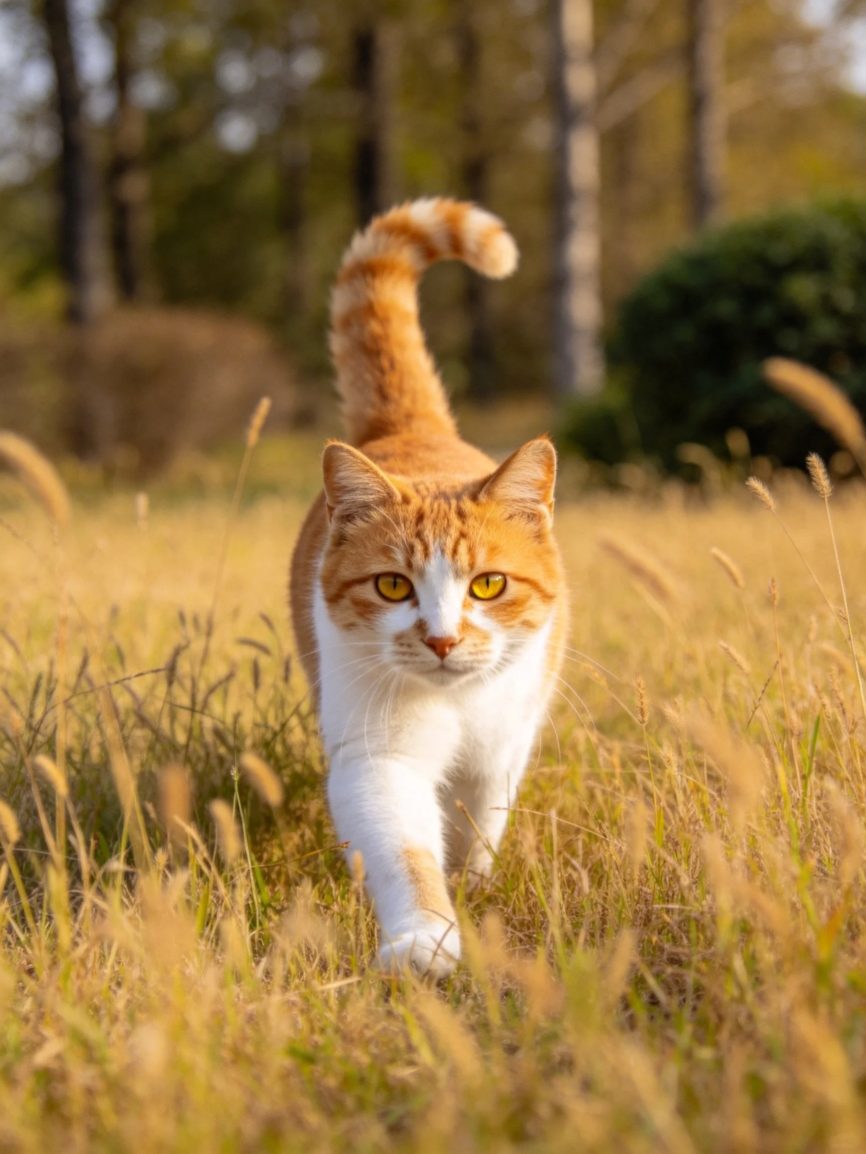 An orange and white cat walks through golden grass near trees