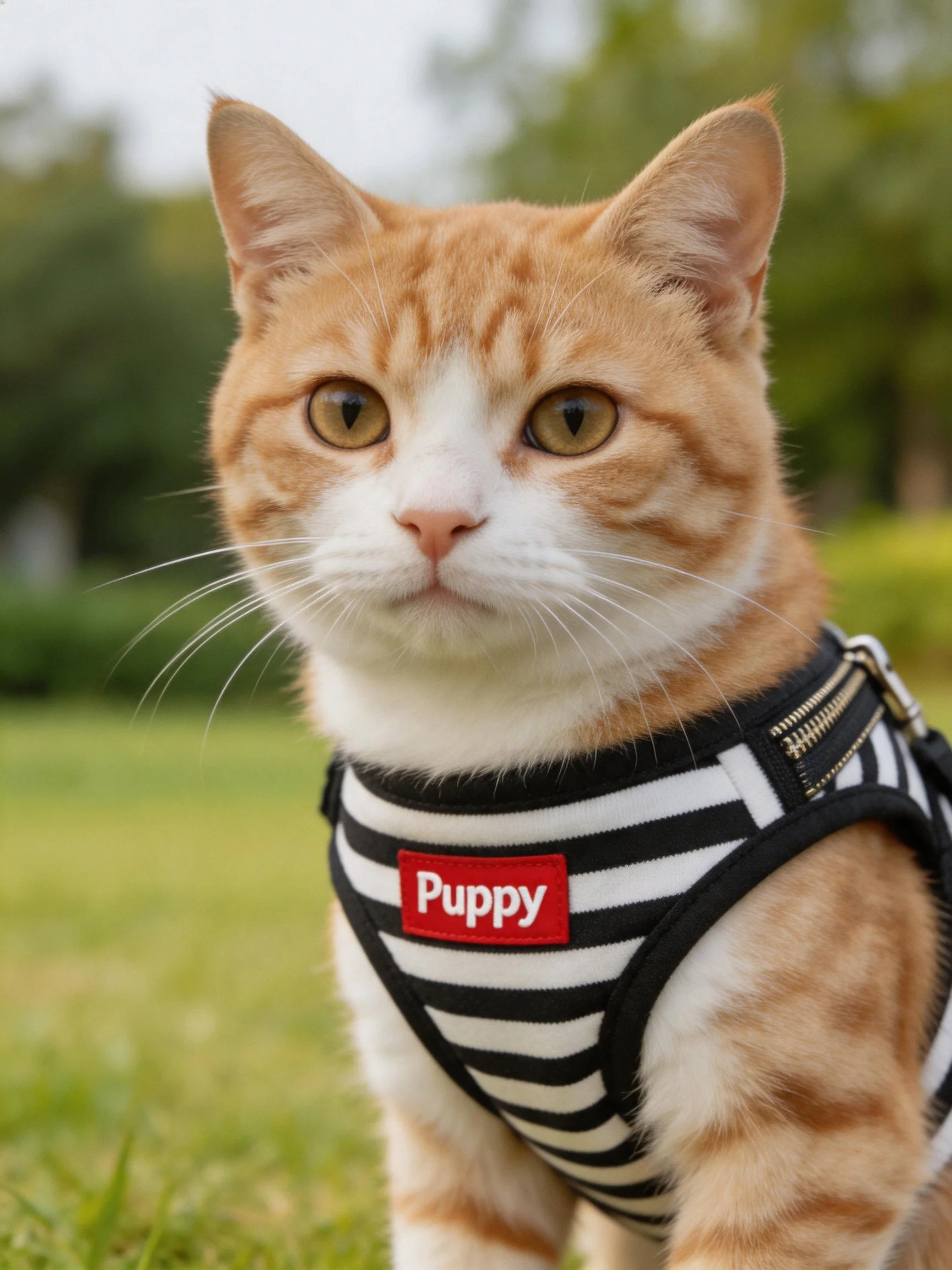 An orange and white cat wears a black-and-white striped harness outdoors