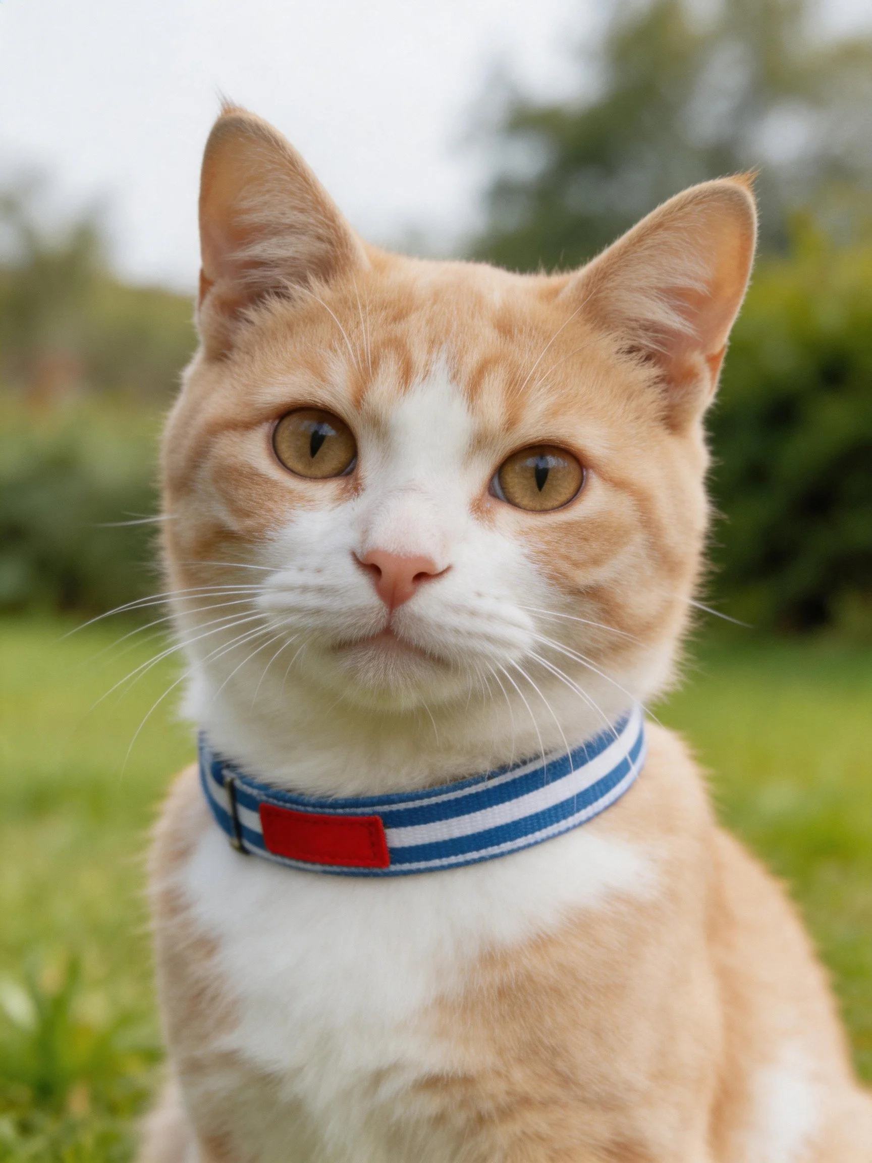 An orange and white cat with a blue-striped collar sits on grass outdoors.