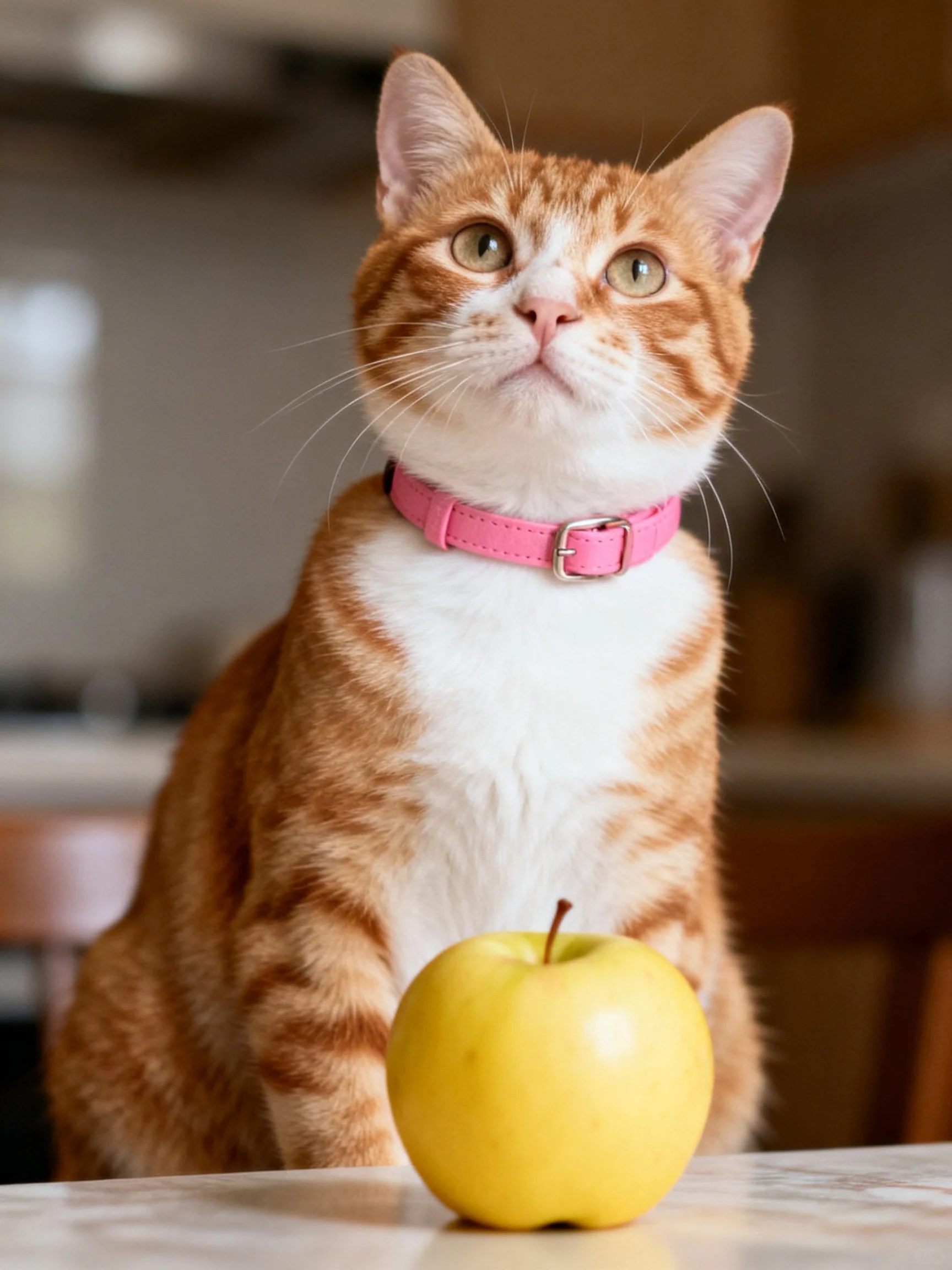 A cat with a pink collar sits near a yellow apple in a home setting.