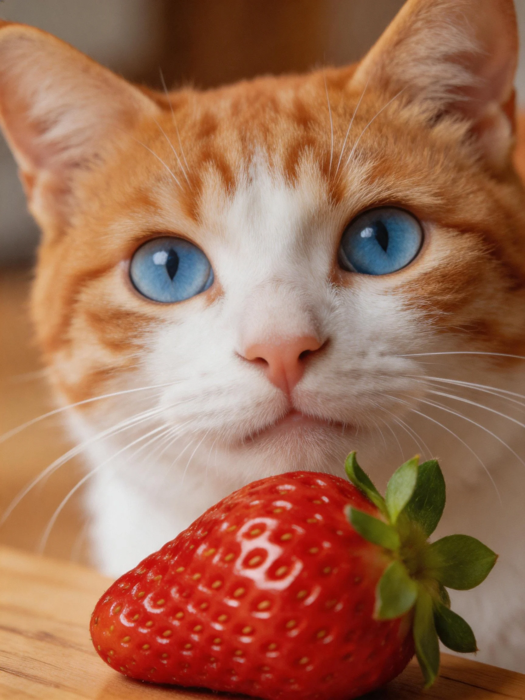 An orange and white cat with blue eyes sits near a large red strawberry