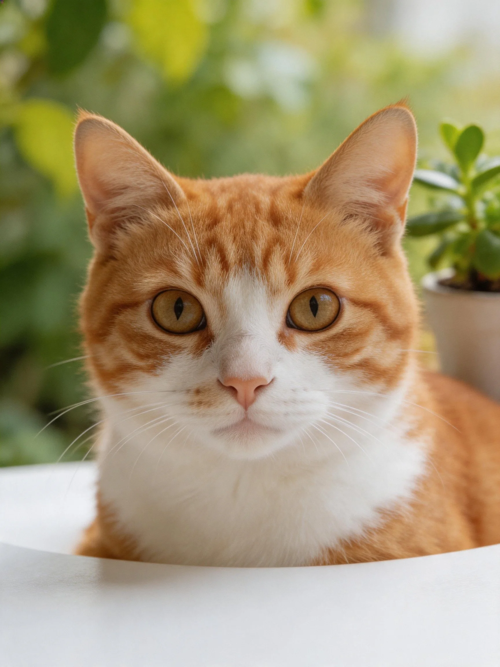 An orange and white cat sits near potted greenery with a blurred green backdrop.