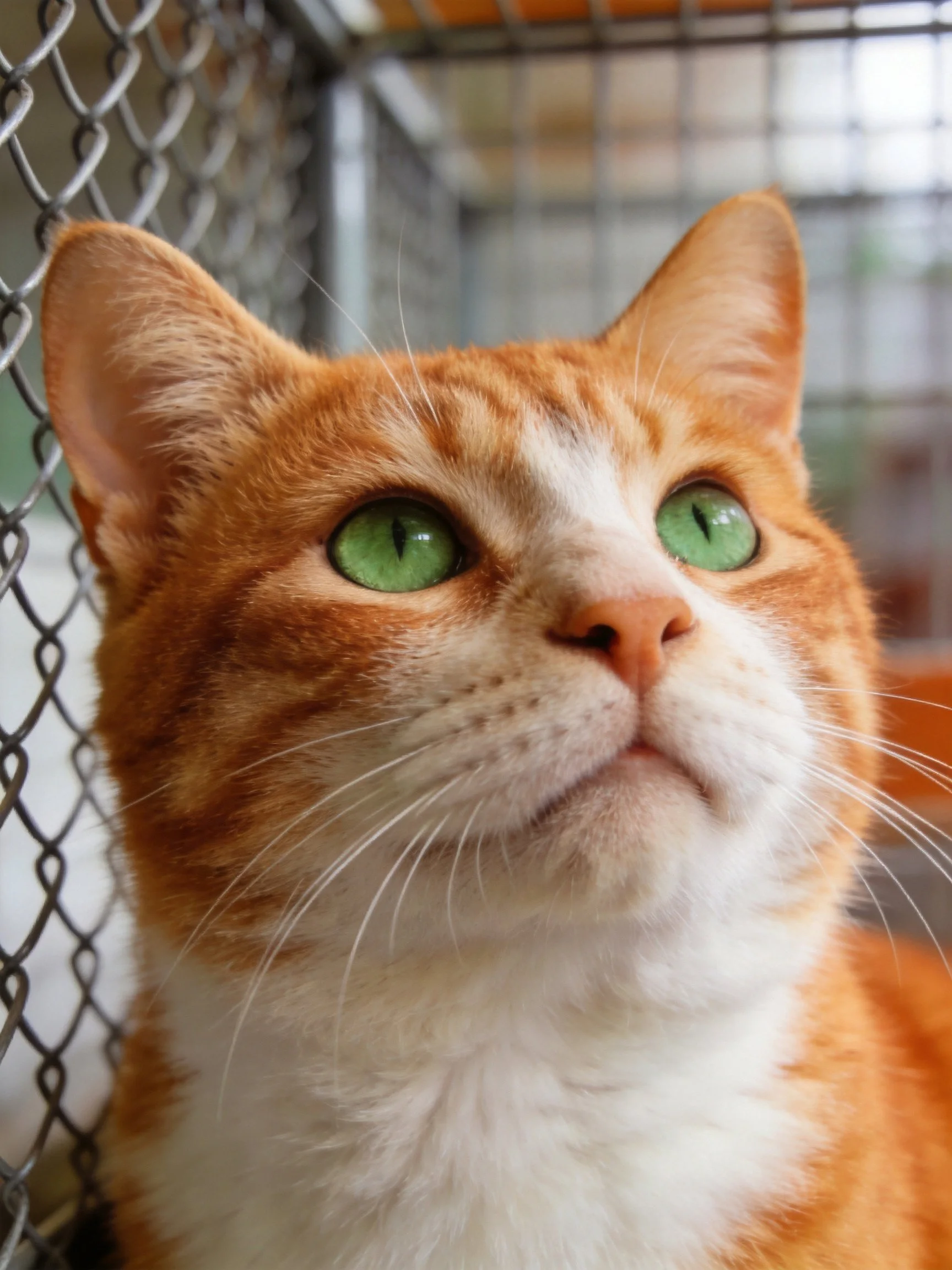 An orange and white cat with green eyes is near a chain-link fence.
