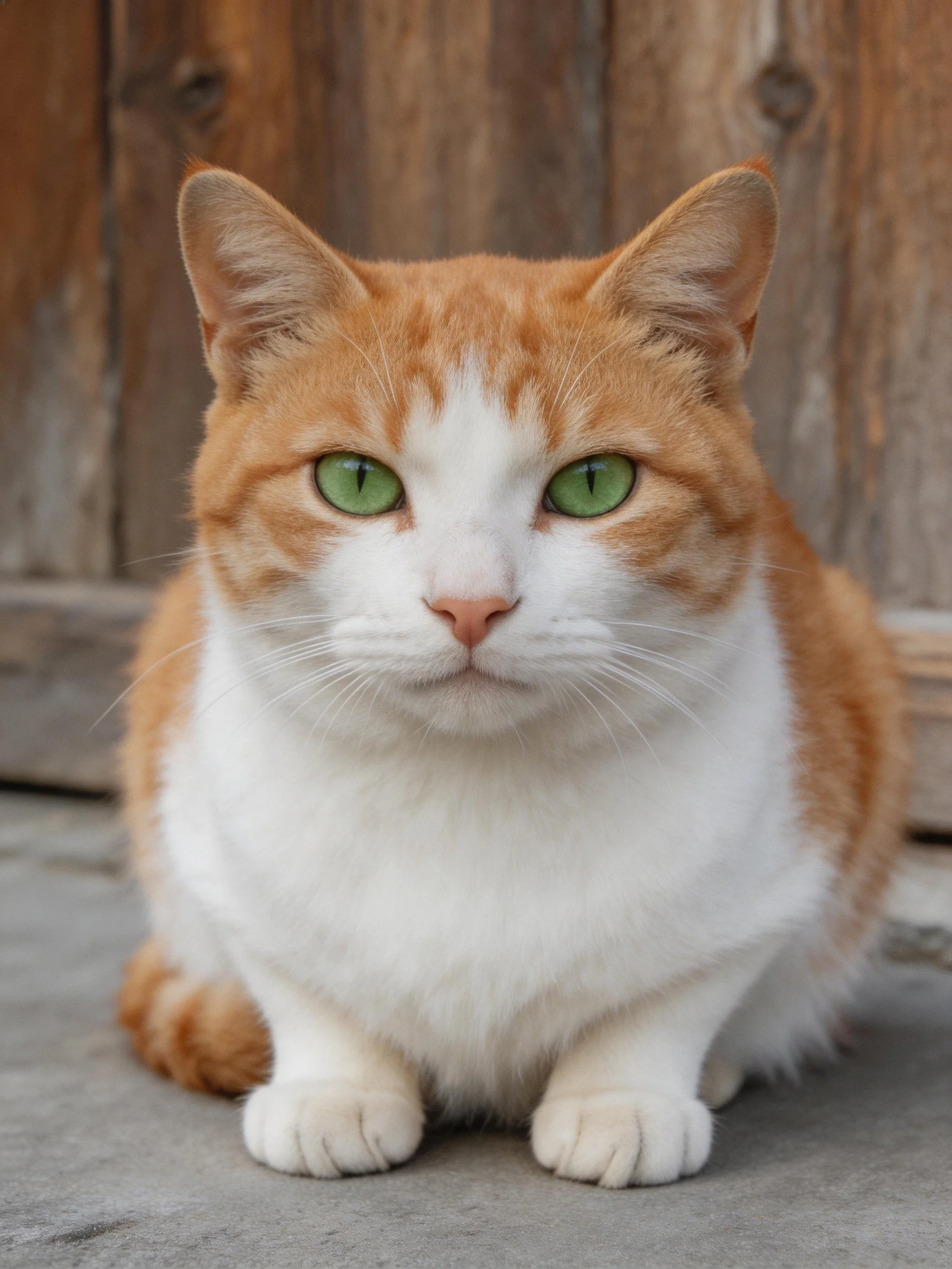 An orange and white cat with green eyes rests near a wooden structure.