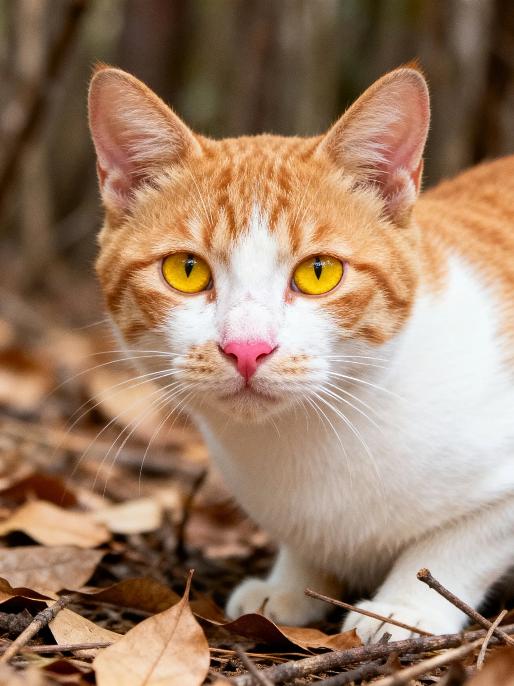 An orange and white cat with bright yellow eyes sits among dry leaves outdoors.