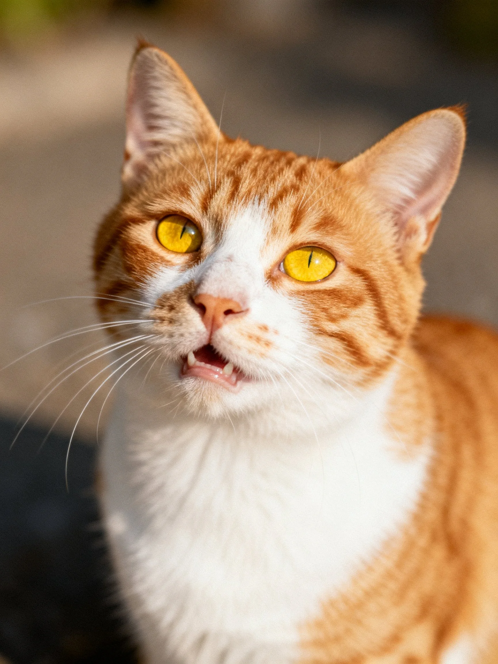 An orange and white cat with bright yellow eyes appears alert outdoors.