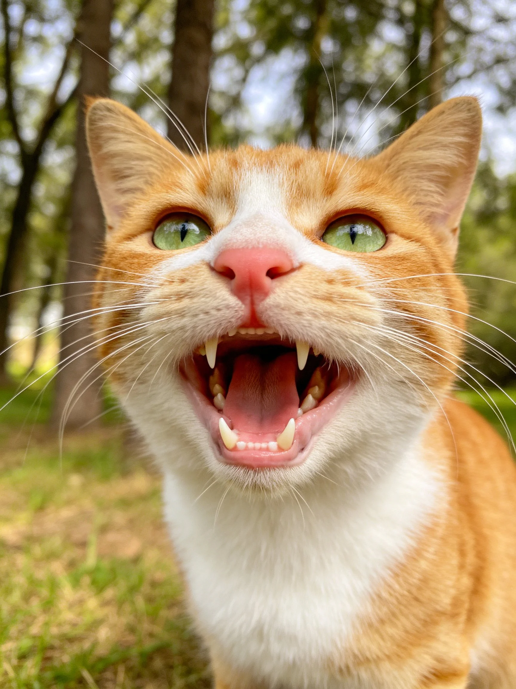 A cat with orange and white fur and green eyes meows in a wooded area.