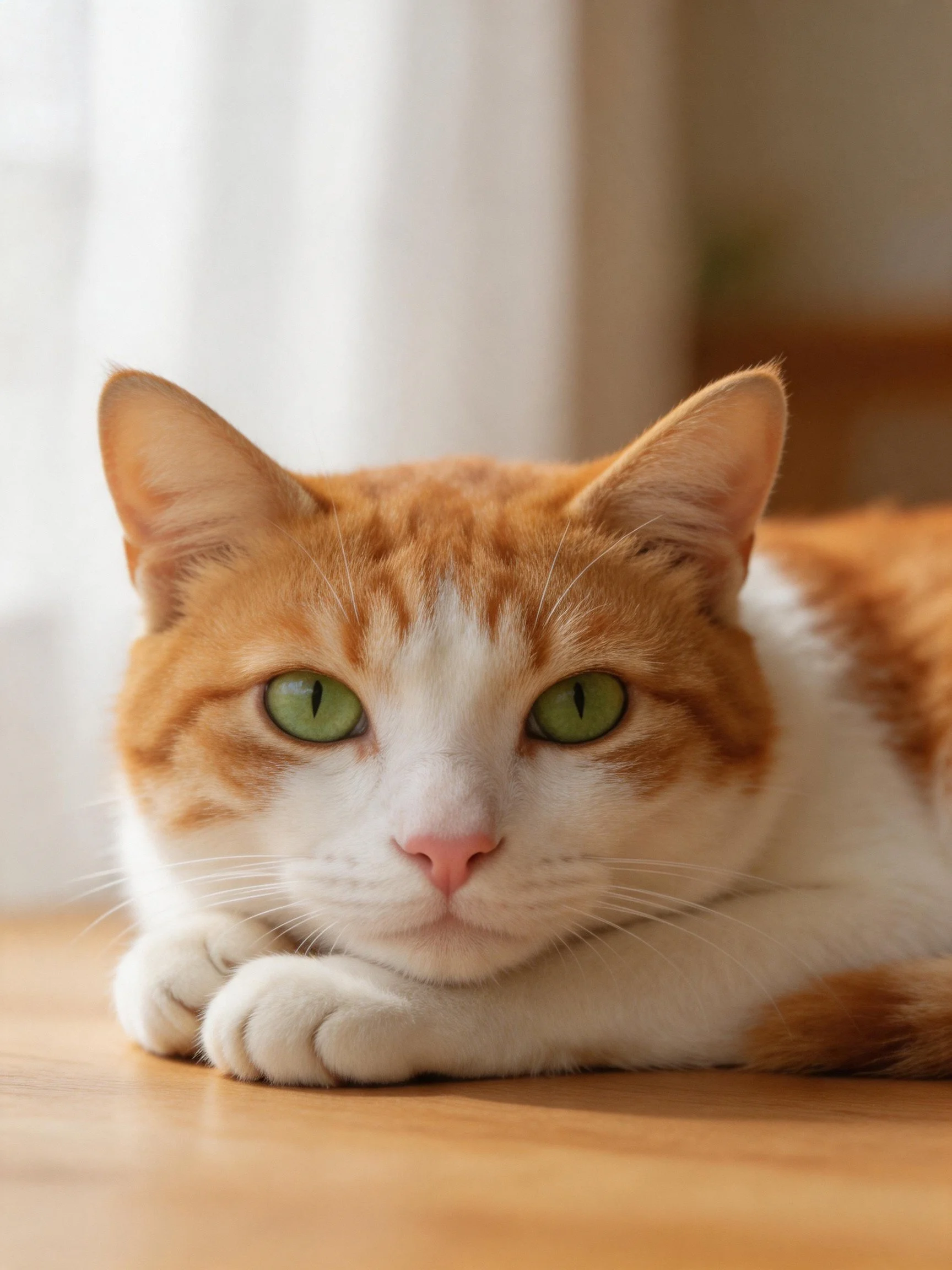 An orange and white cat with green eyes rests calmly on a wooden surface.