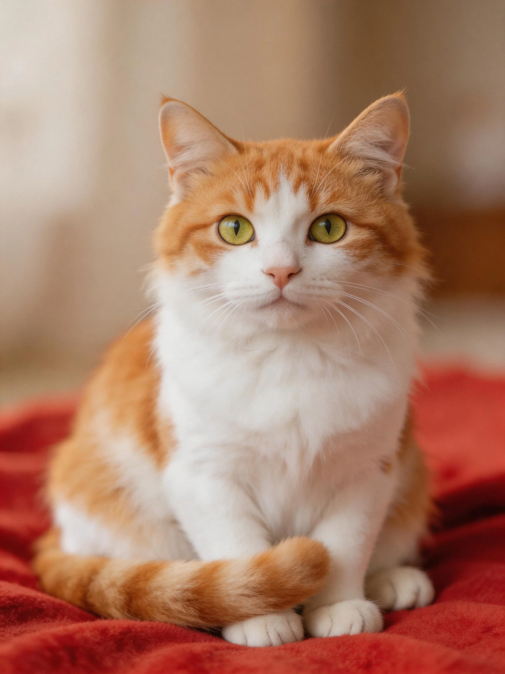 A cat with orange and white fur sits calmly on a red blanket.