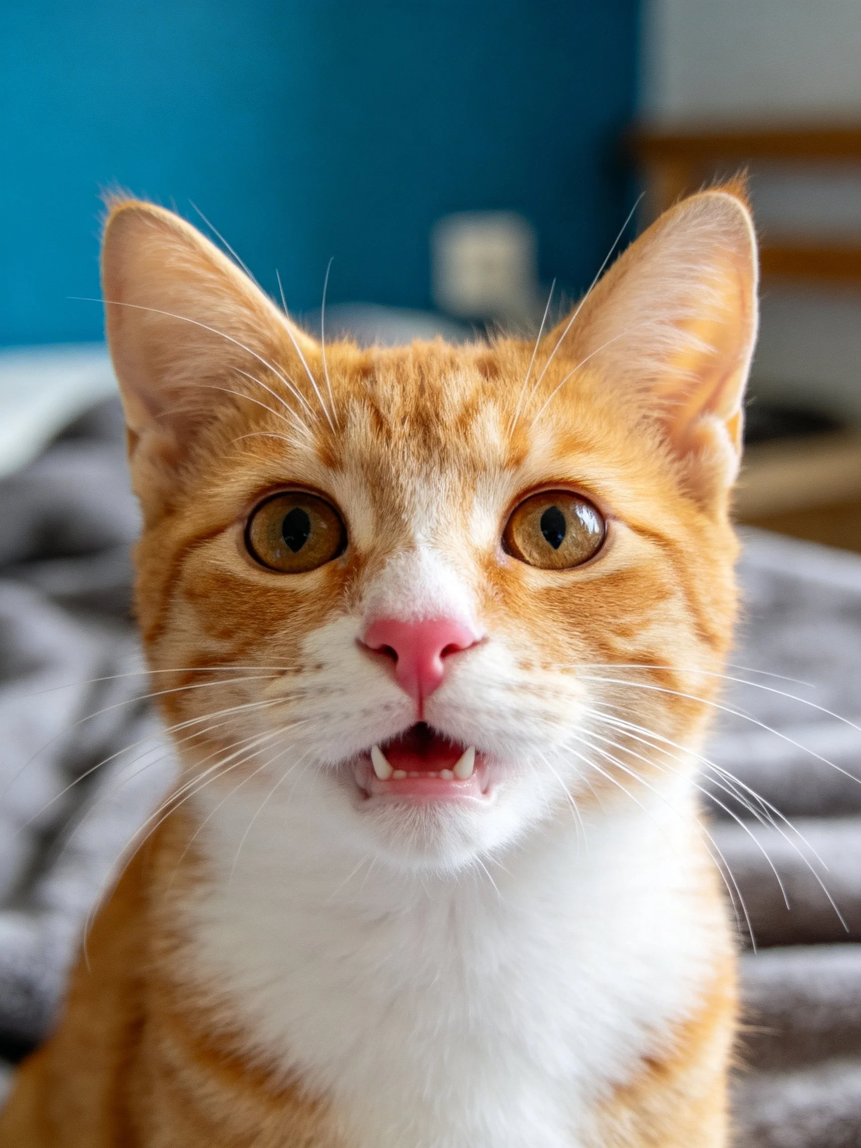 An orange and white cat looks directly at the camera with wide eyes.