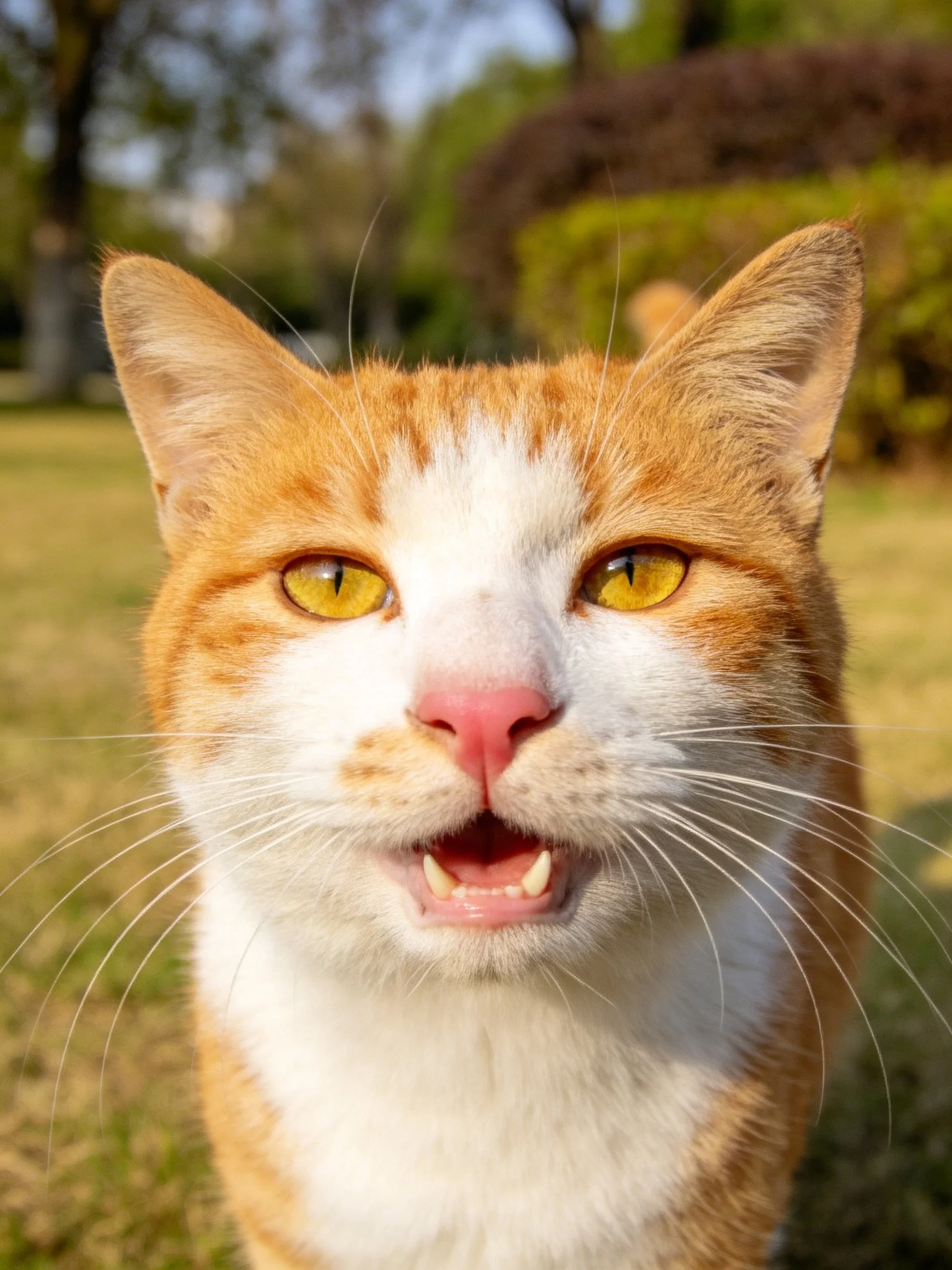 An orange and white cat with yellow eyes in a sunny park