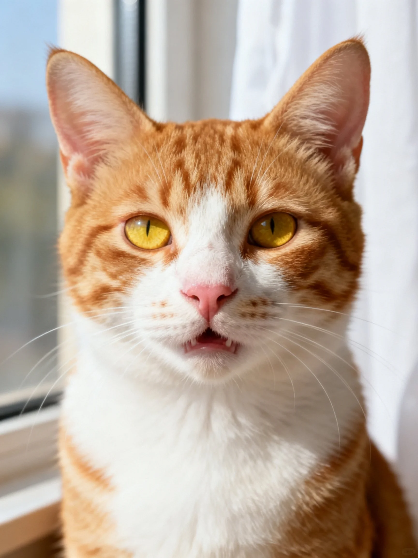 A close - up of an orange and white cat with yellow eyes near a window
