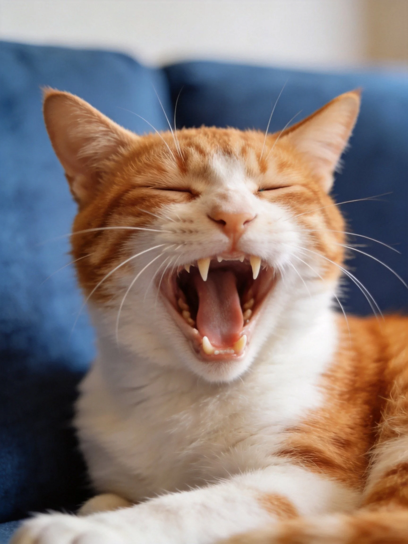 An orange and white cat yawning on a blue couch