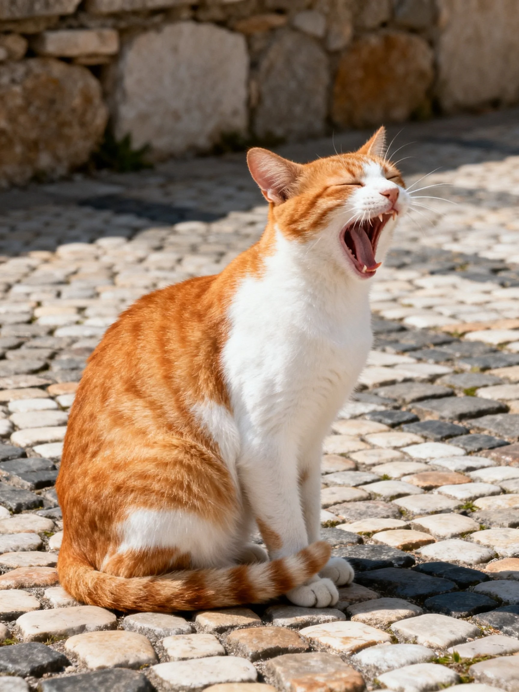 An orange and white cat yawning on a cobblestone path near a stone wall