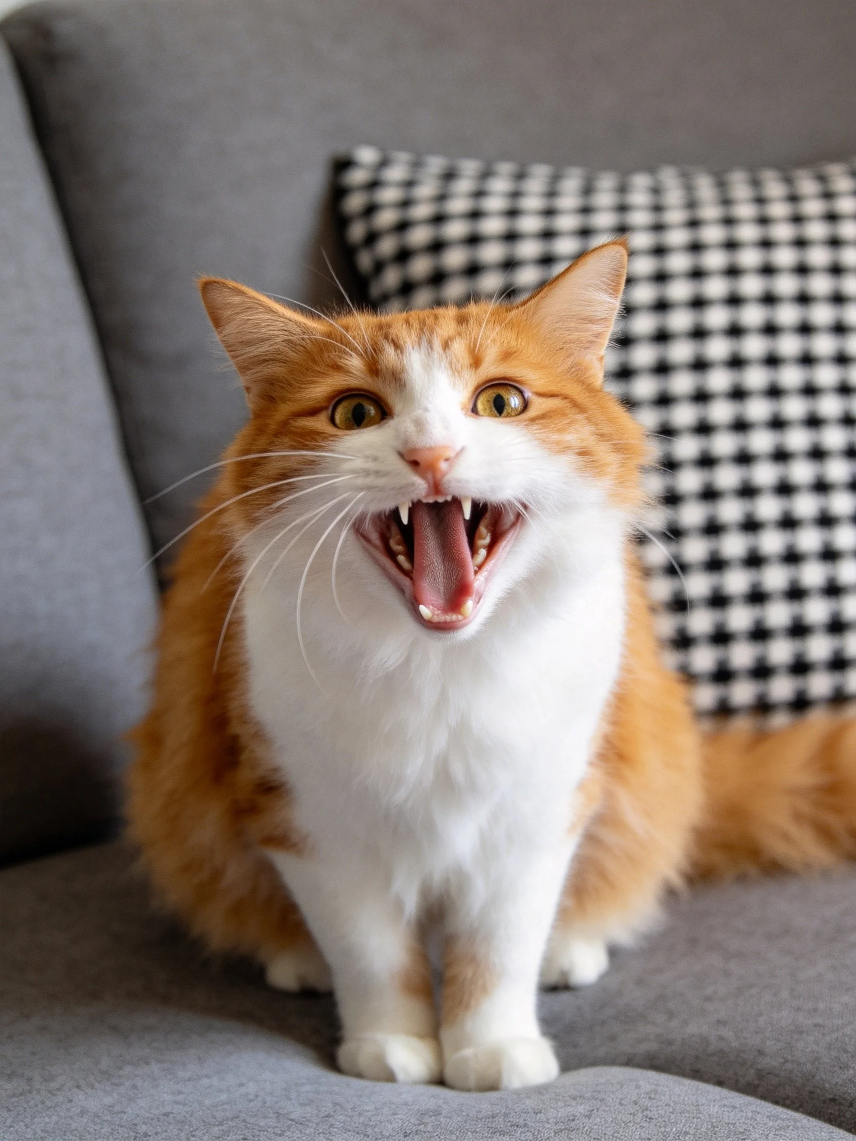 An orange and white cat yawns widely on a gray couch beside a checkered pillow.