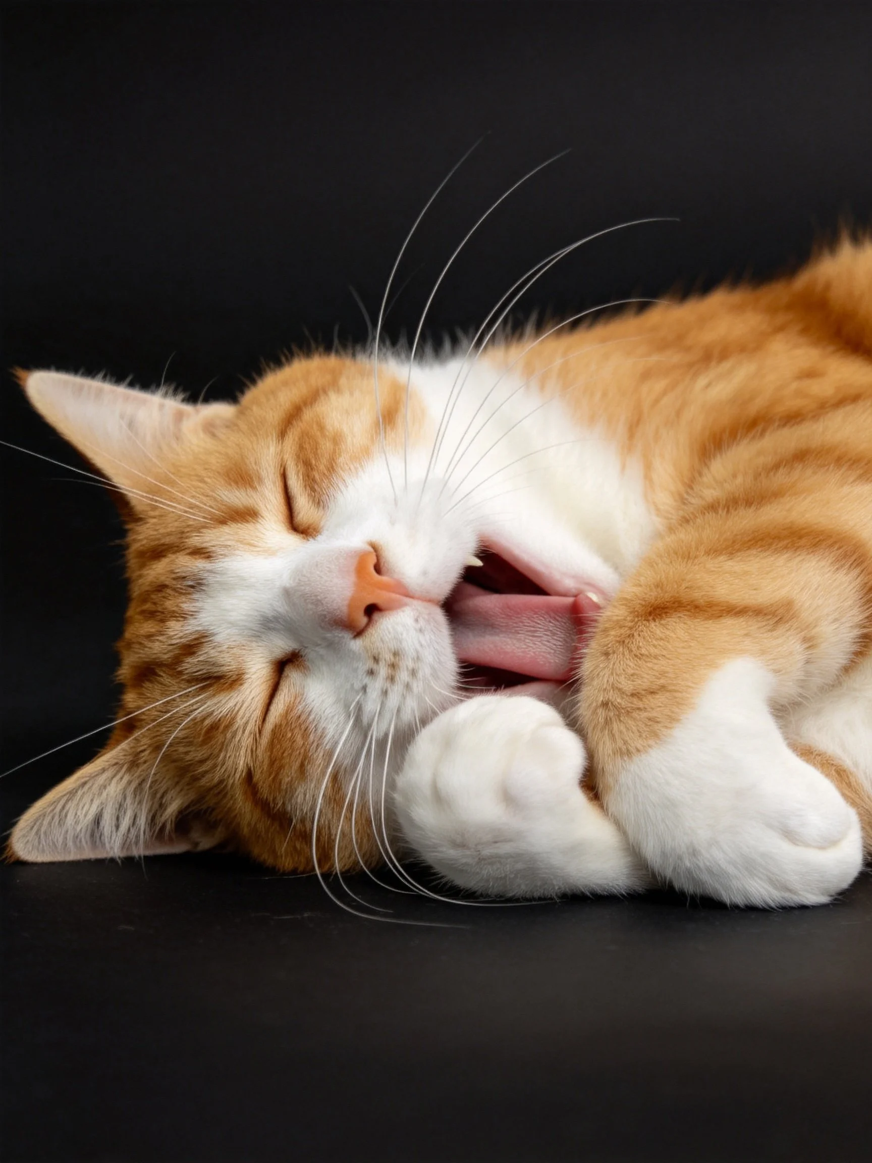 An orange and white cat yawns while resting on a black surface.