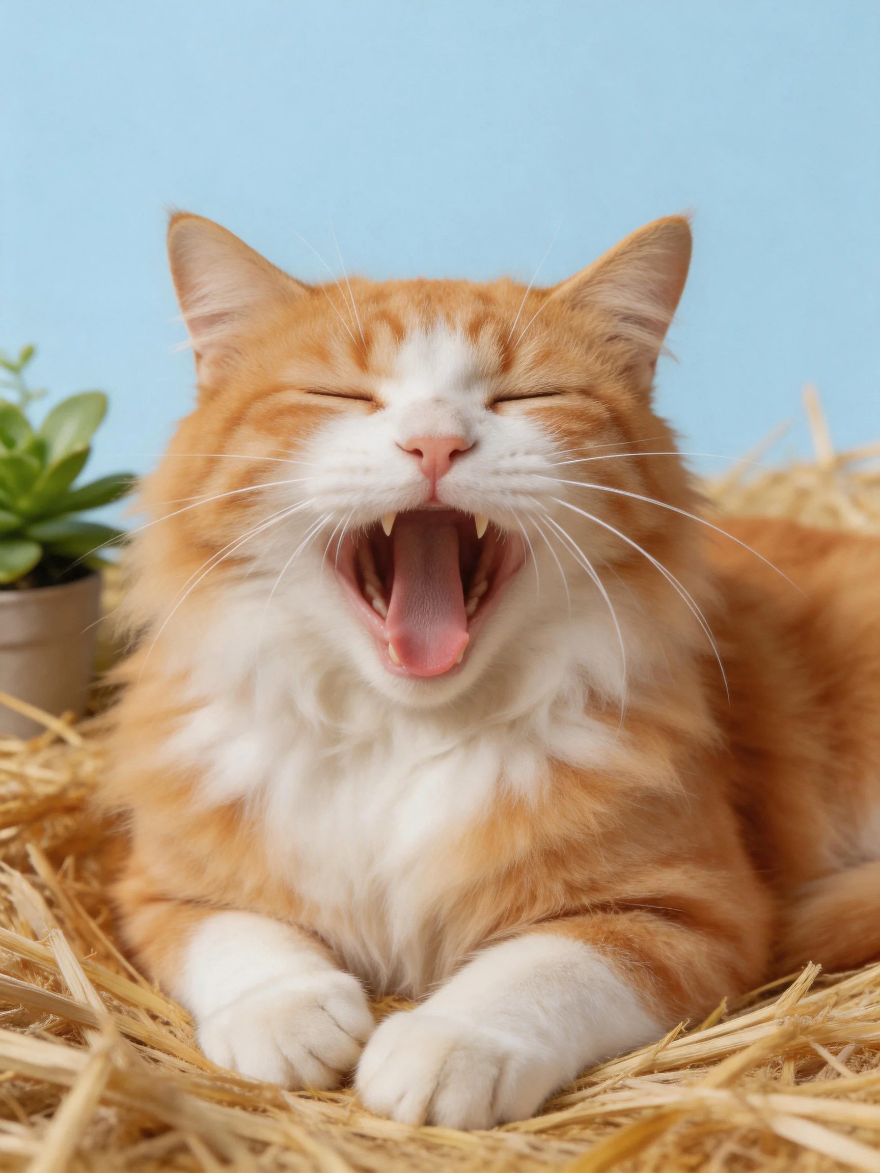 An orange and white cat yawning on golden straw near a small potted plant