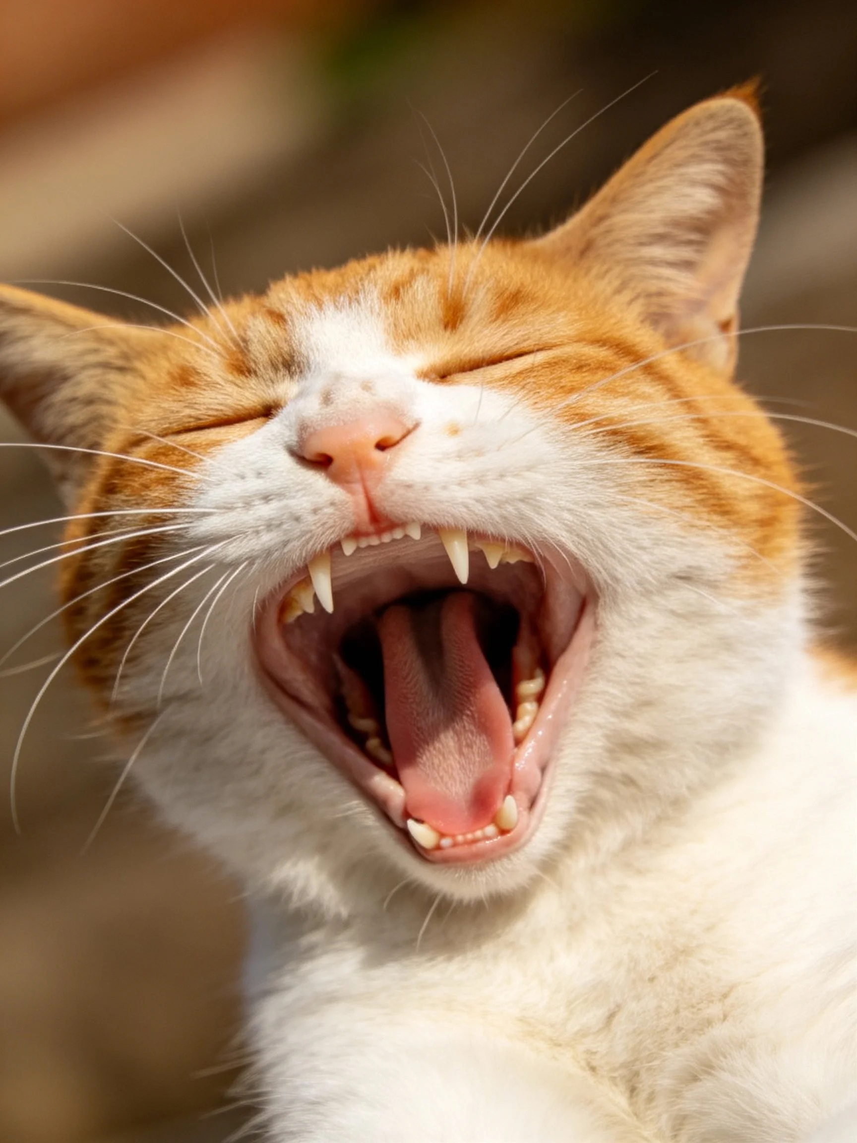 An orange and white cat yawns widely with eyes shut.