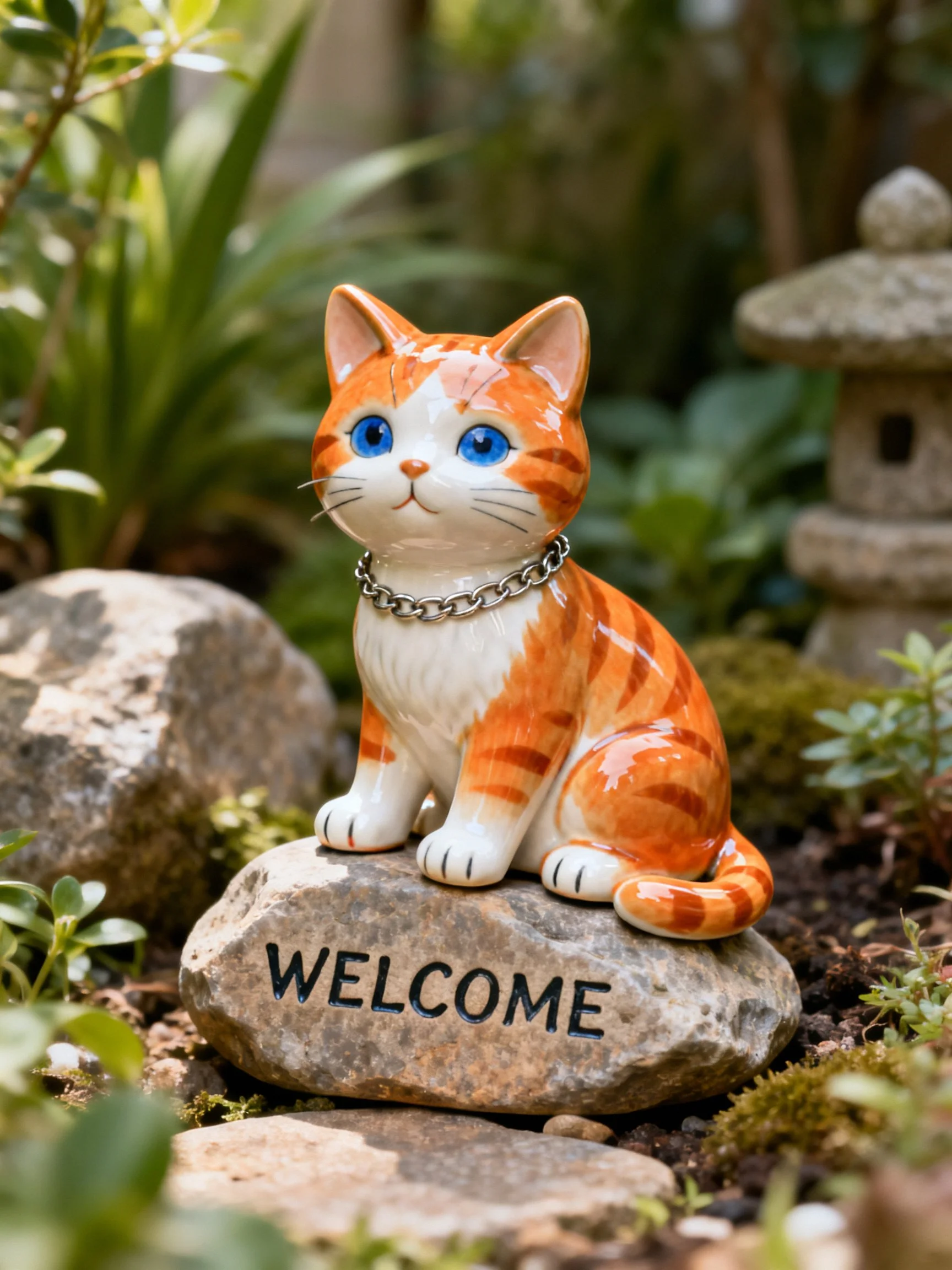 An orange and white ceramic cat figurine sits atop a WELCOME stone in a lush garden.