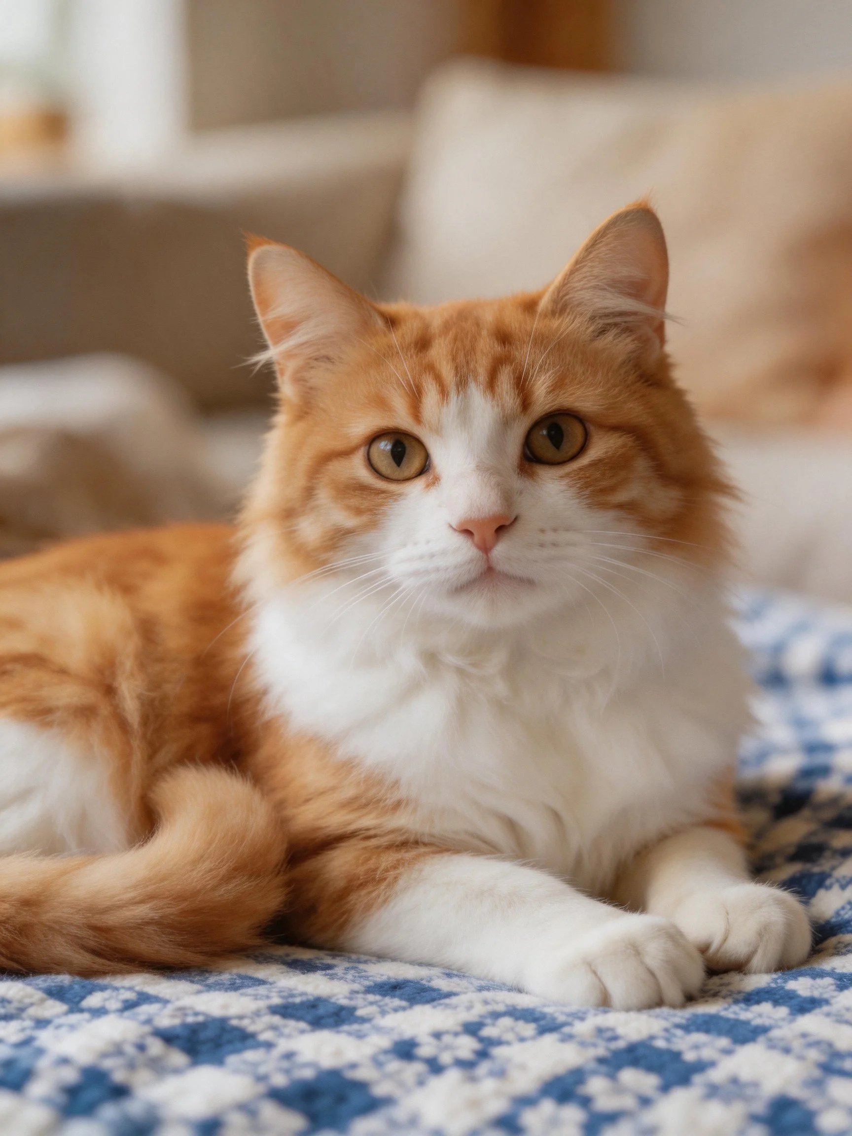 An orange and white cat relaxes on a blue-patterned fabric indoors