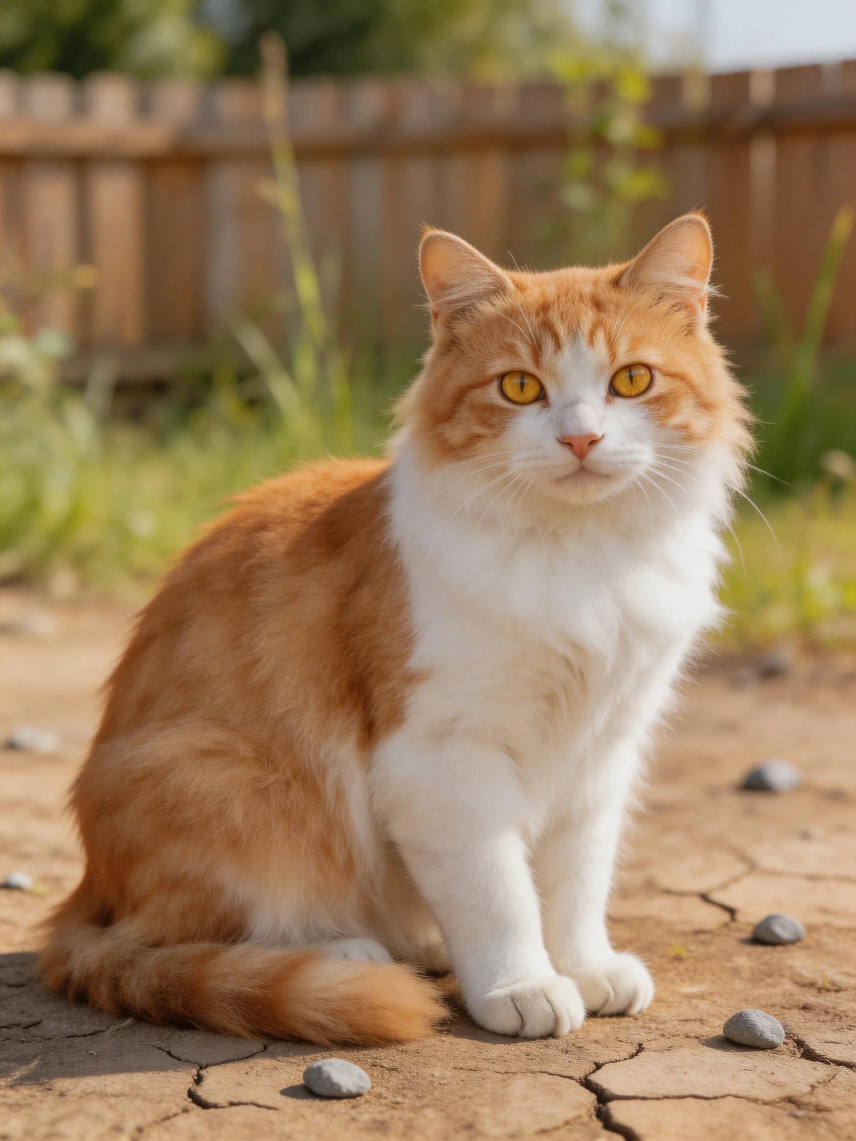An orange and white cat sits calmly on cracked ground in a sunny backyard.