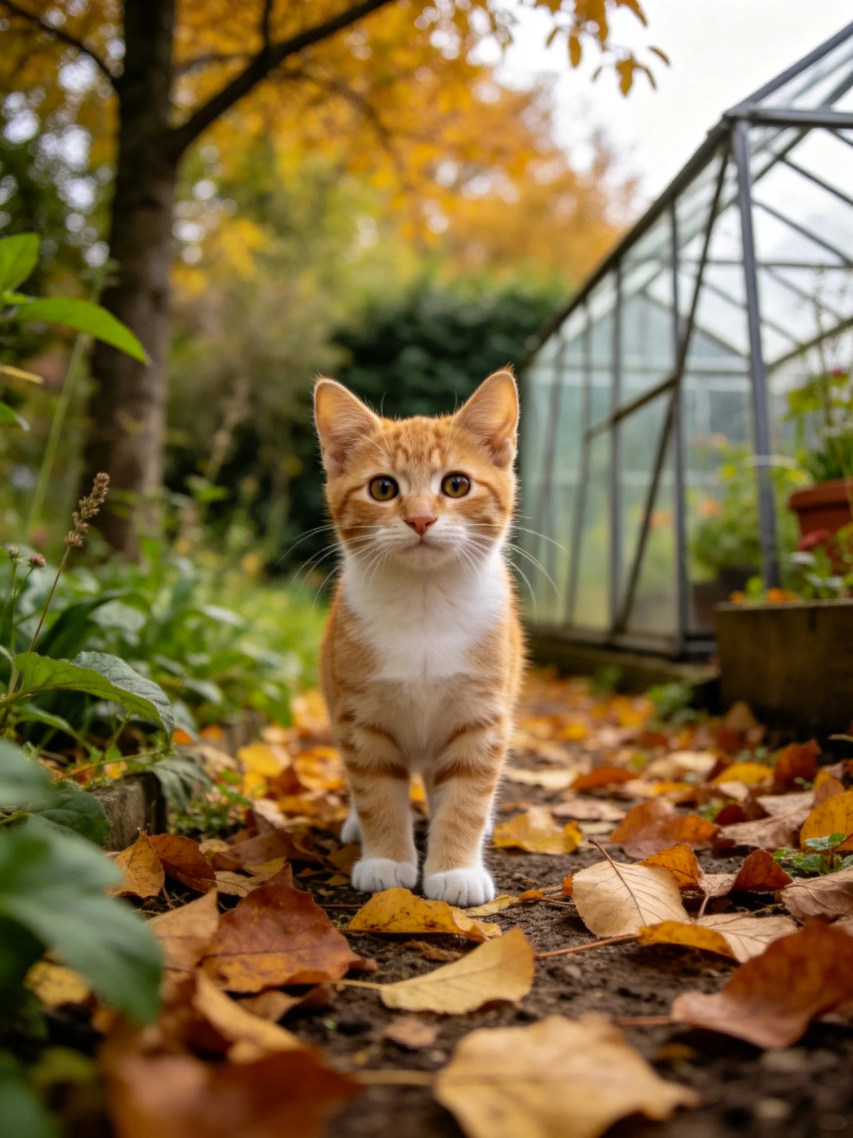 An orange and white kitten stands among autumn leaves near a greenhouse structure.