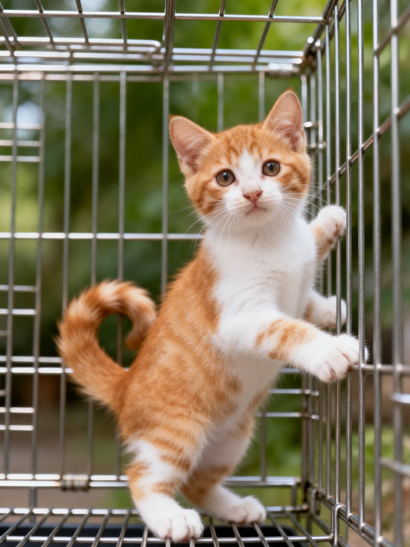 An orange and white kitten climbs inside a metal cage outdoors