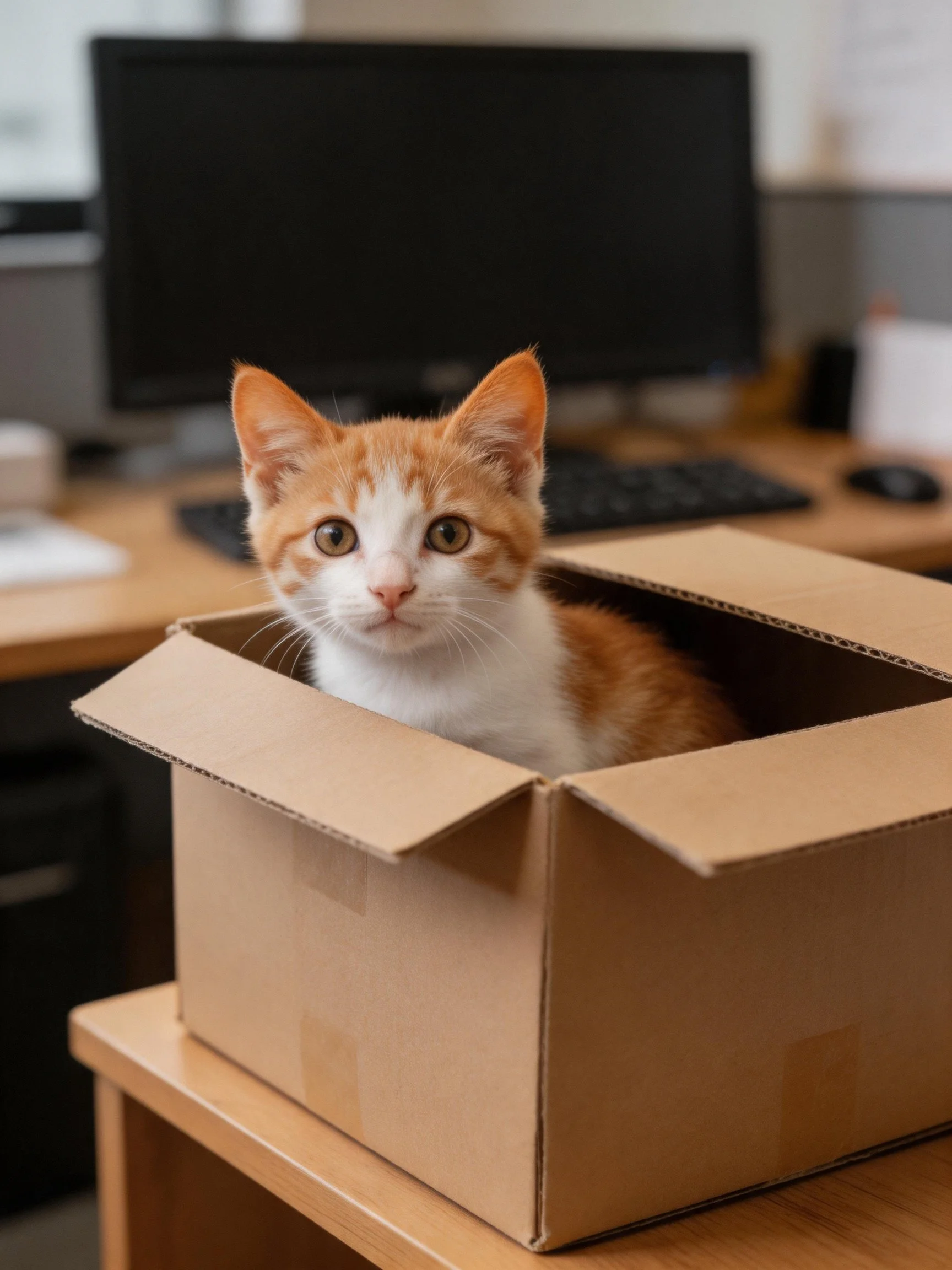 An orange and white kitten sits in a cardboard box near an office workspace.