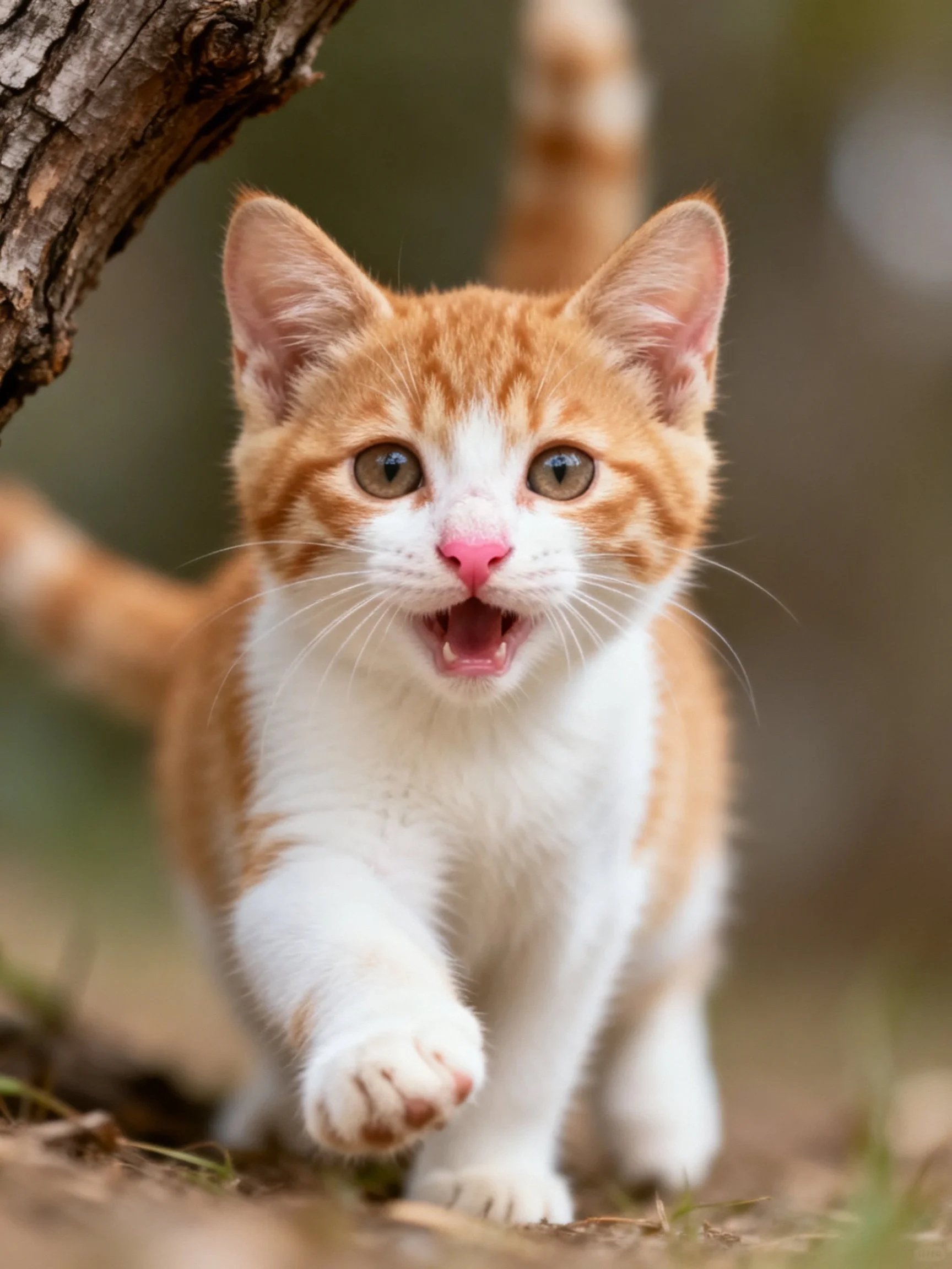 An orange and white kitten explores near a tree trunk in an outdoor setting.