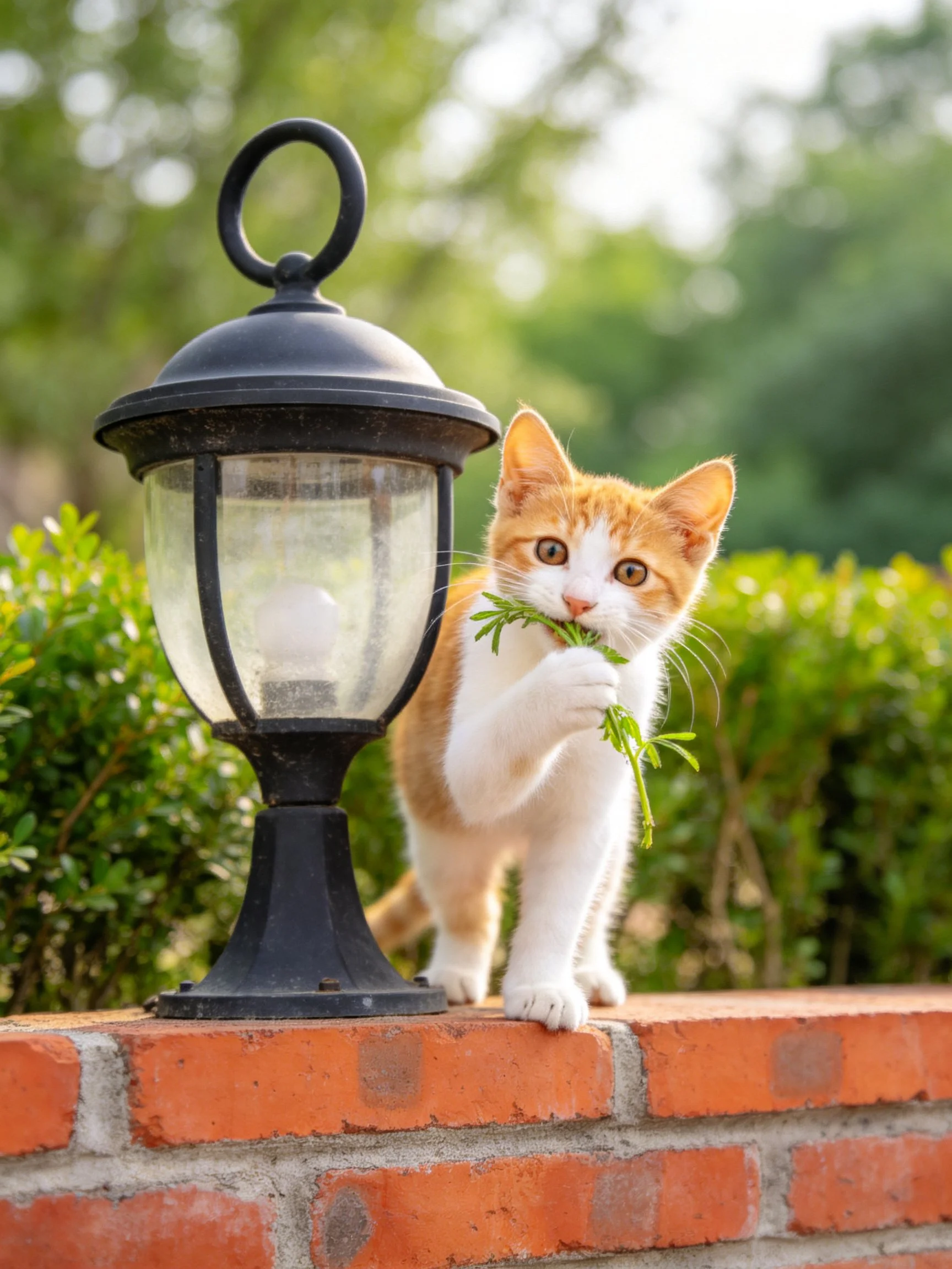 An orange and white kitten nibbles herbs next to a black outdoor lamp.
