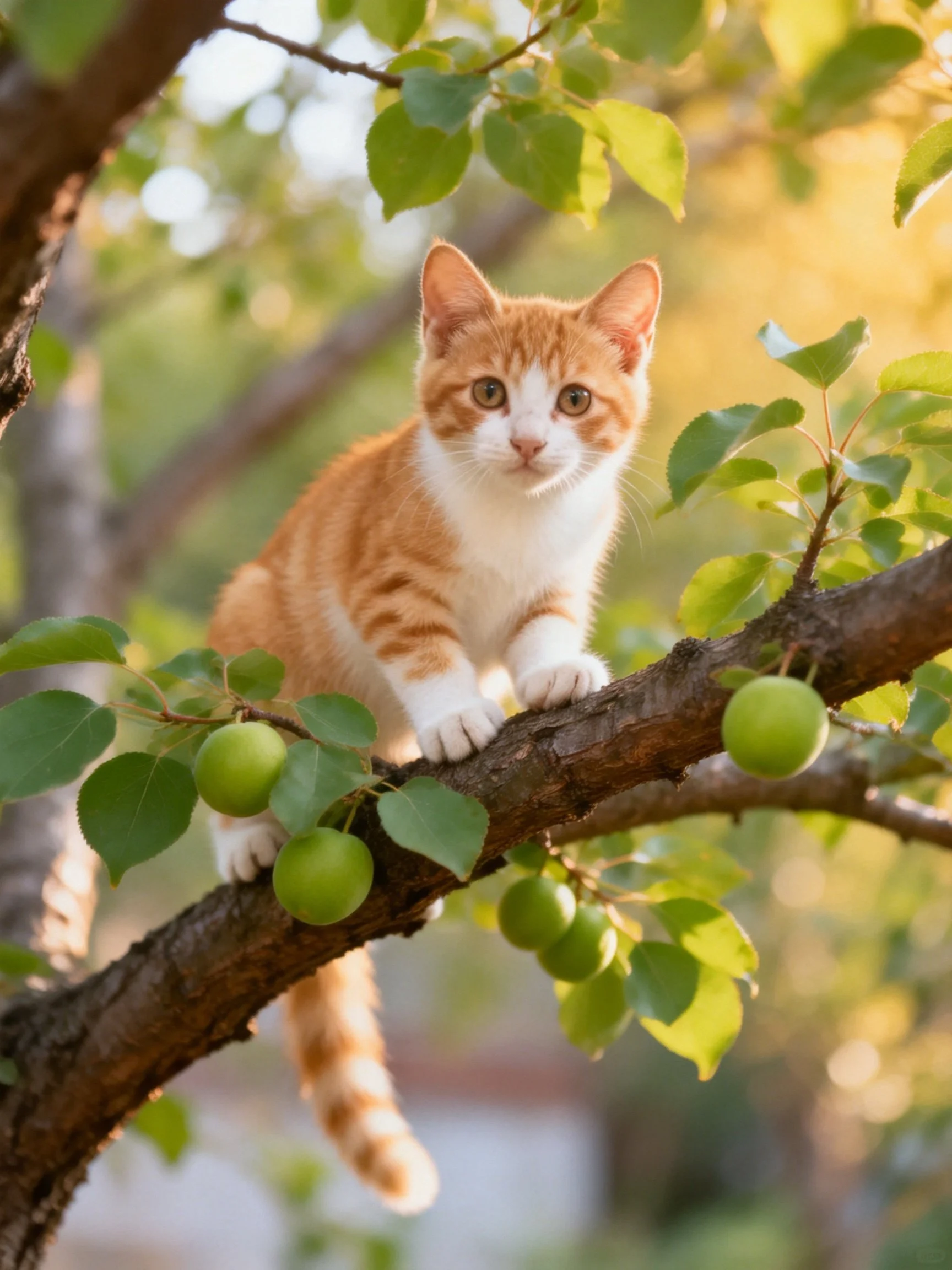 An orange and white kitten sits on a branch with green fruits in a sunlit environment.