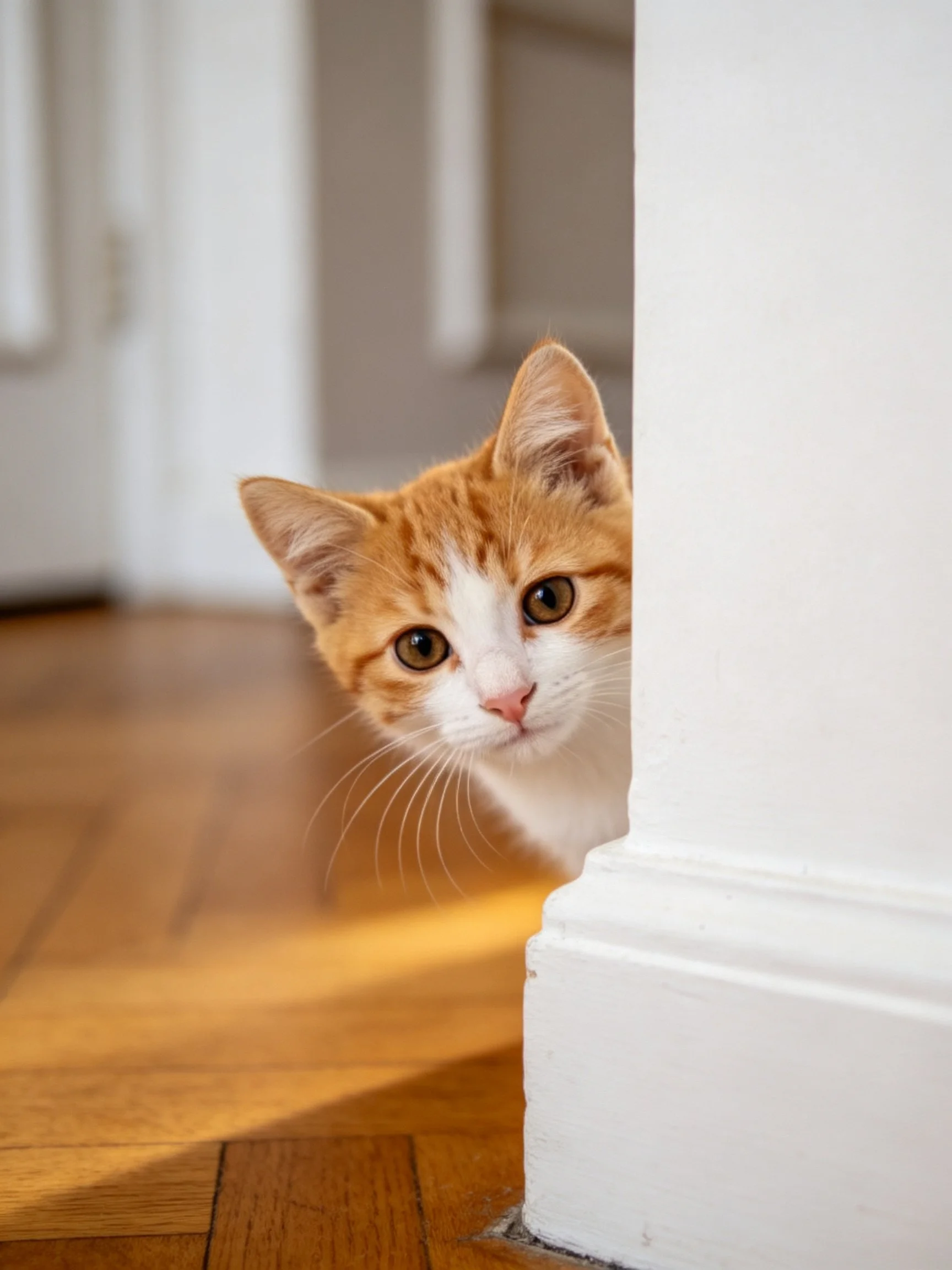 An orange and white kitten peeks from behind a white column near a wooden floor