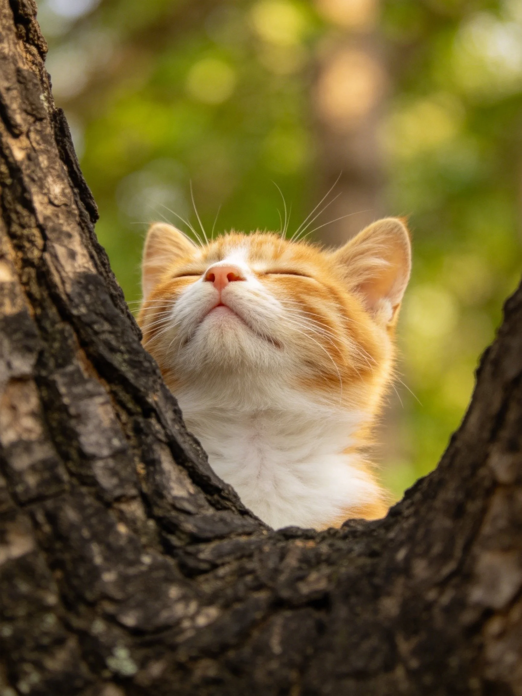 An orange and white kitten relaxes within dark tree branches.