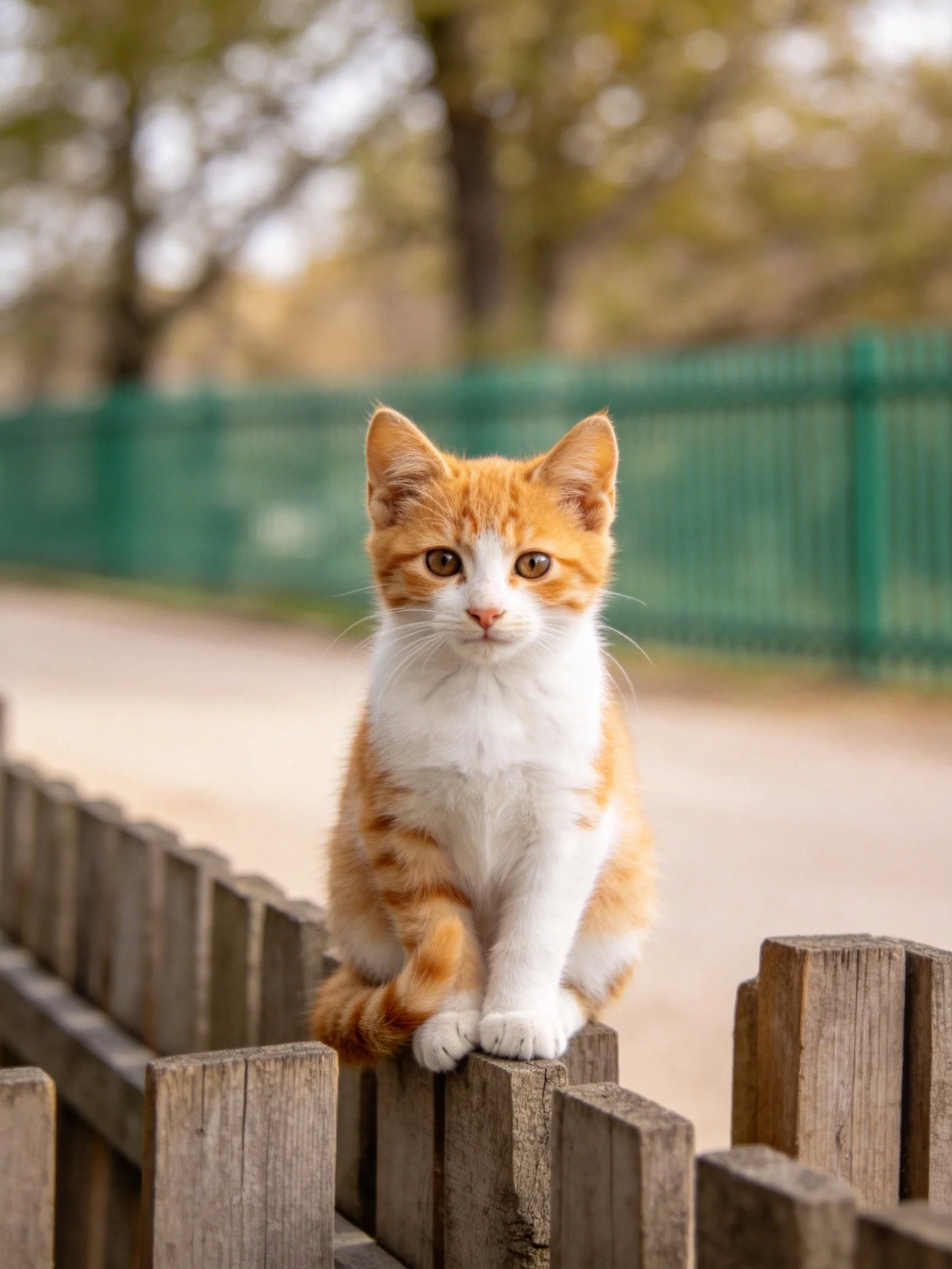 An orange and white kitten sits atop a weathered wooden fence near a green fence.