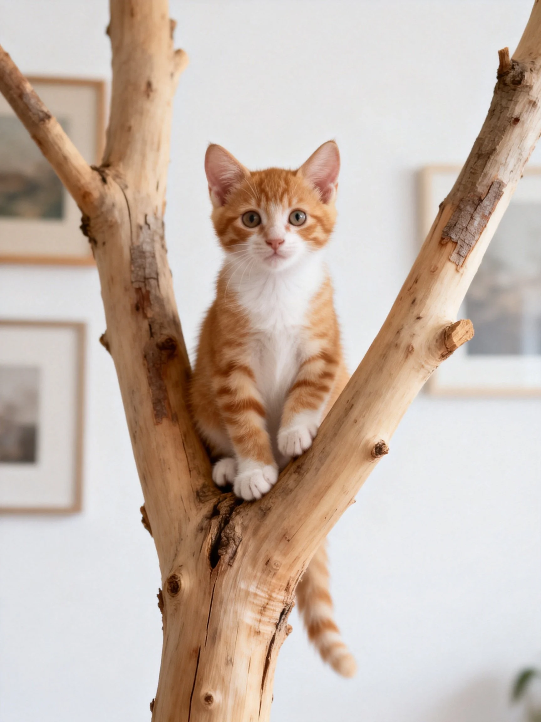 An orange and white kitten perched on light brown tree branches